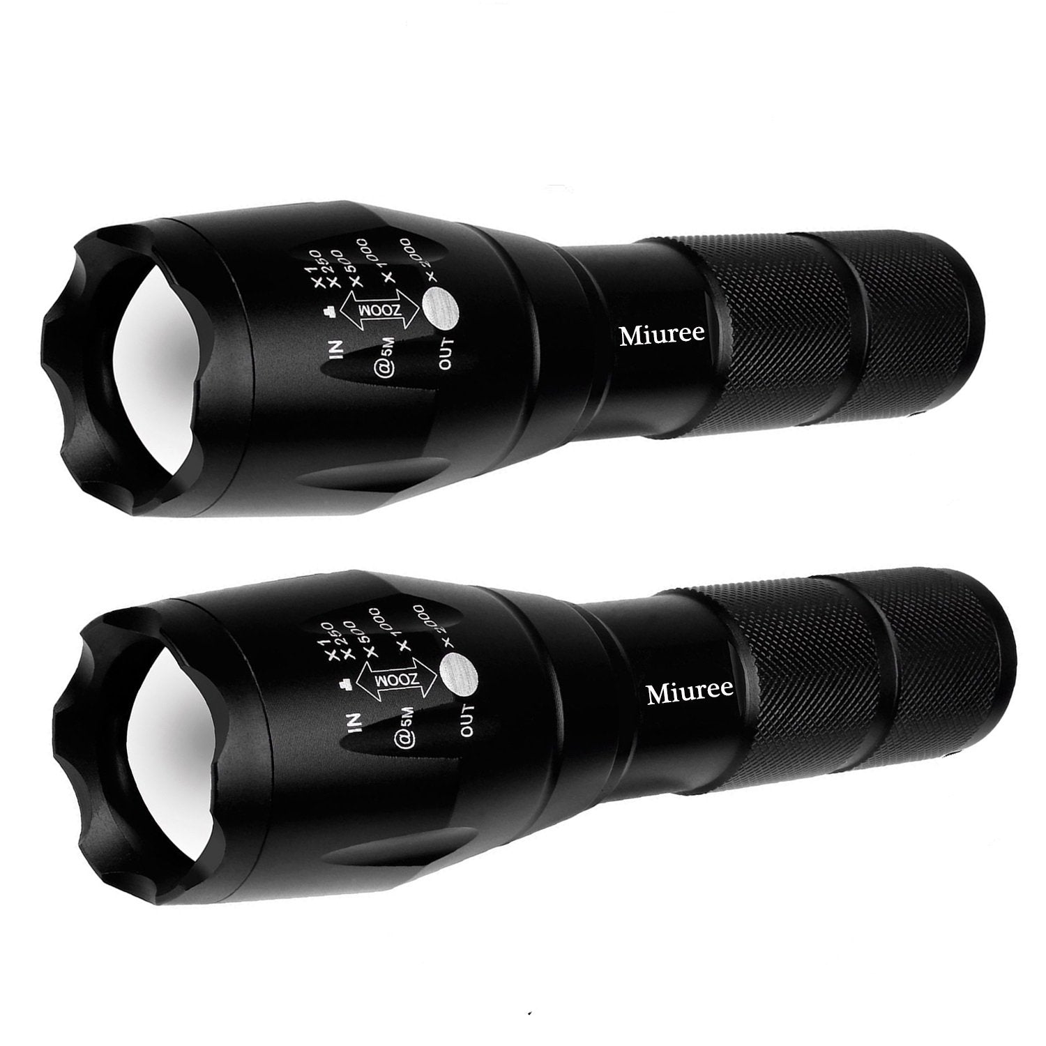 Miuree 2 Pack LED Tactical Flashlight, 2000 Lumens, Water Resistant, 5 Modes, Zoom Function, Aluminum