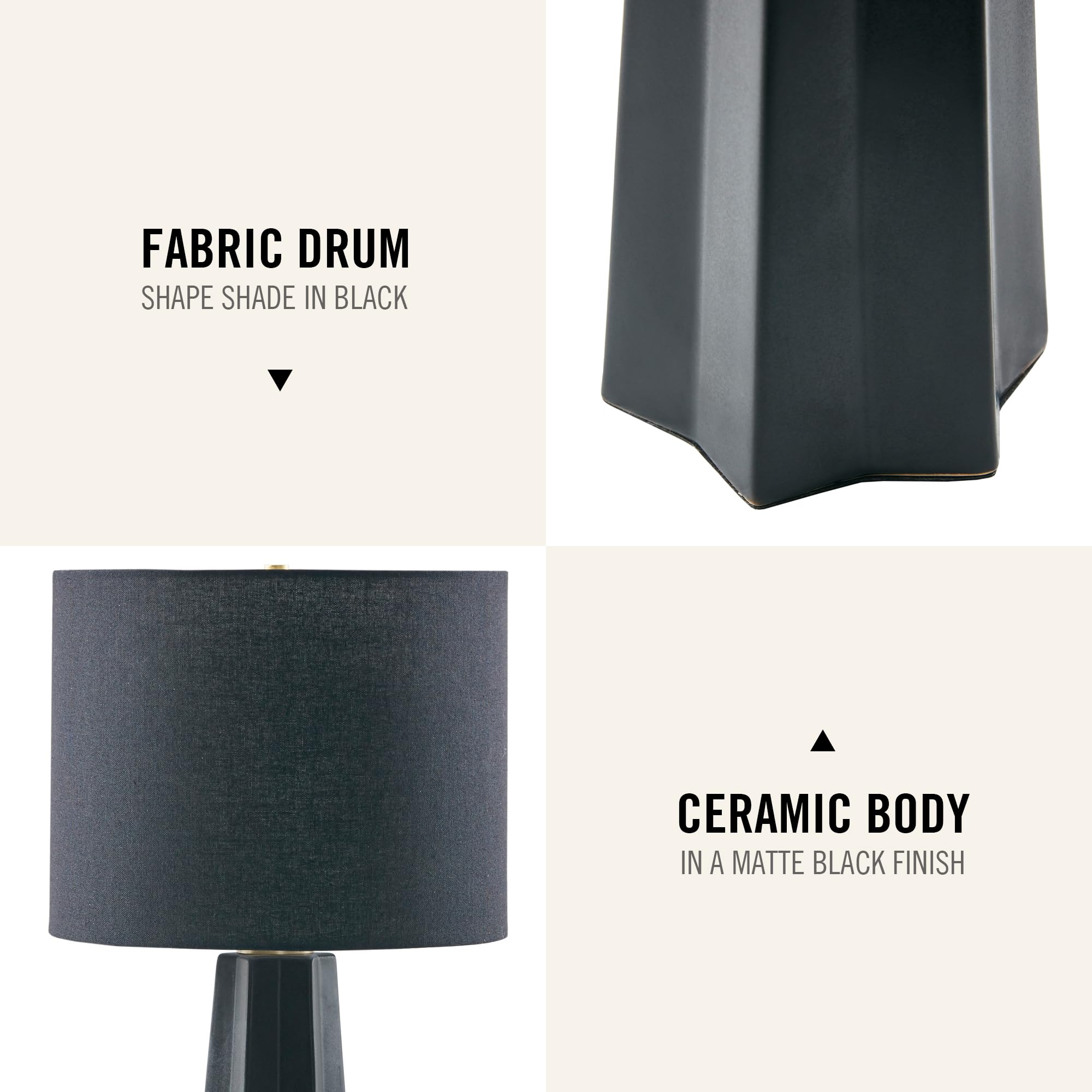 INK+IVY Table Lamp - Matte Black Ceramic, Linen Shade, 22inH, Geometric Design, Model MT153-0049