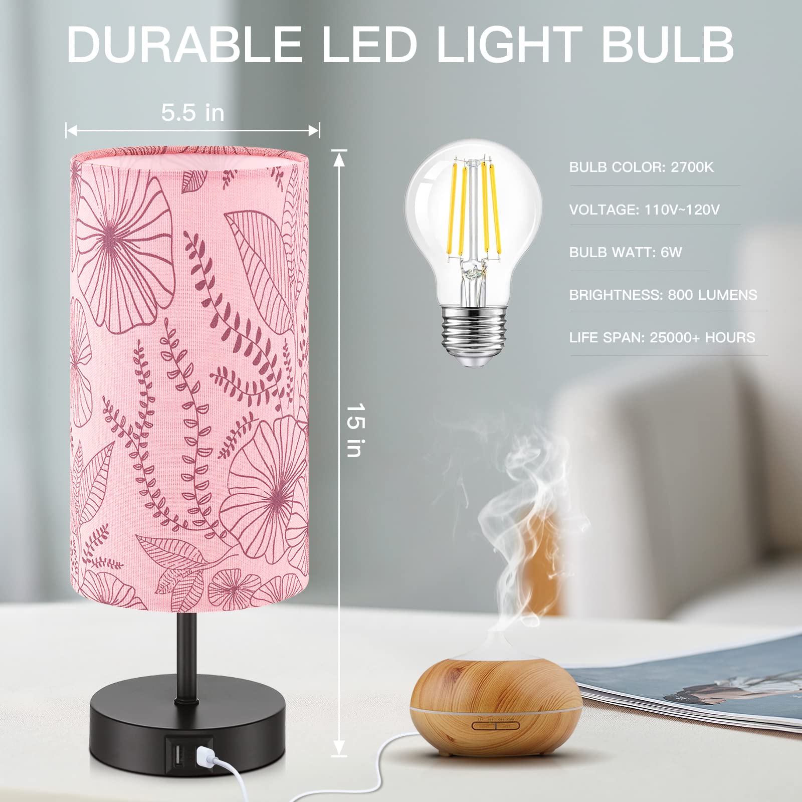 Bedside Table Lamp, Modern Touch Control Desk Lamp With 2 Usb Ports & Round Flower Linen Fabric Shade, 3 Way Dimmable Small Nigh
