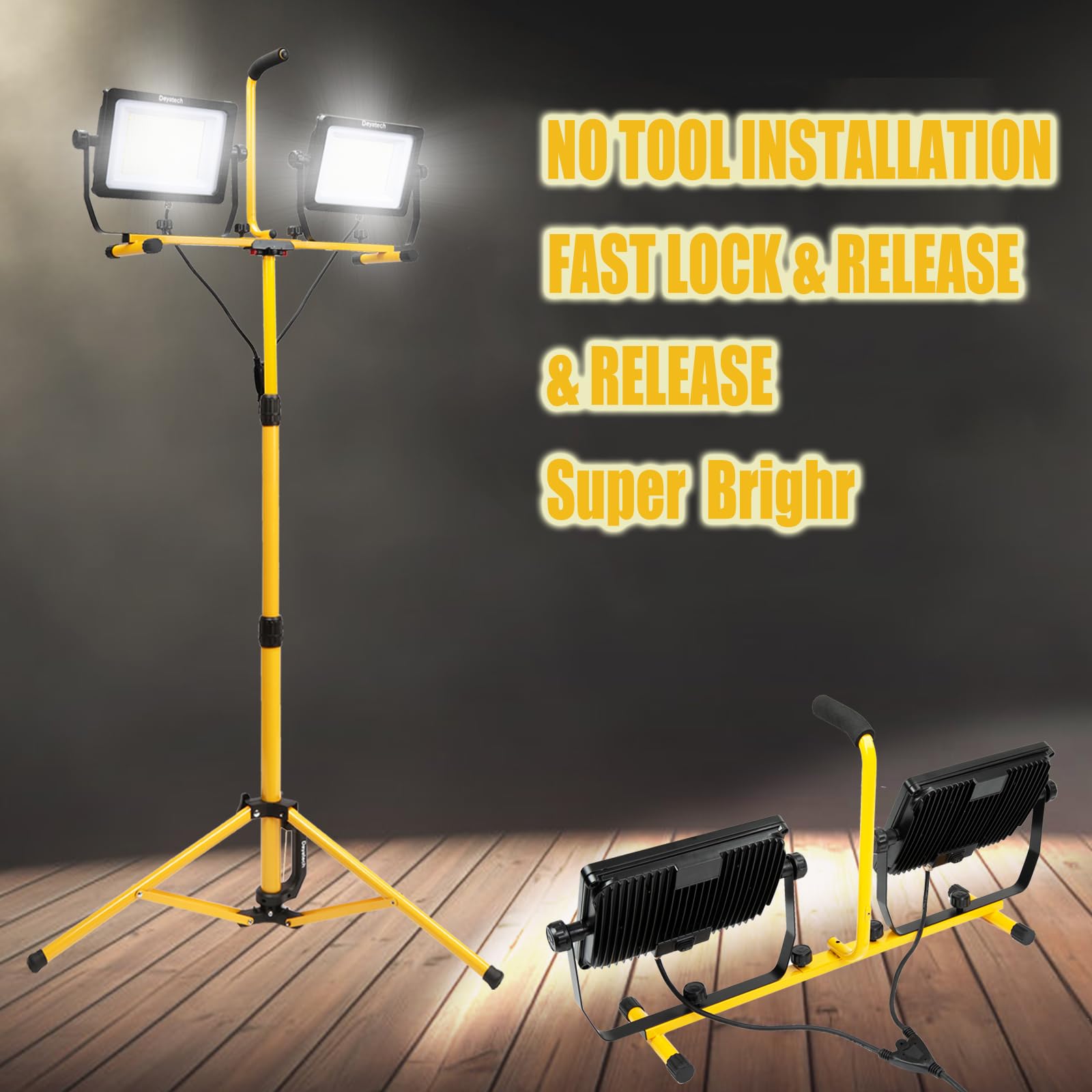 DAYATECH Dual-Head LED Work Light, 270W, 30000 Lumen, IP65 Waterproof, Extra Large, Yellow and Black, Includes Tripod Stand