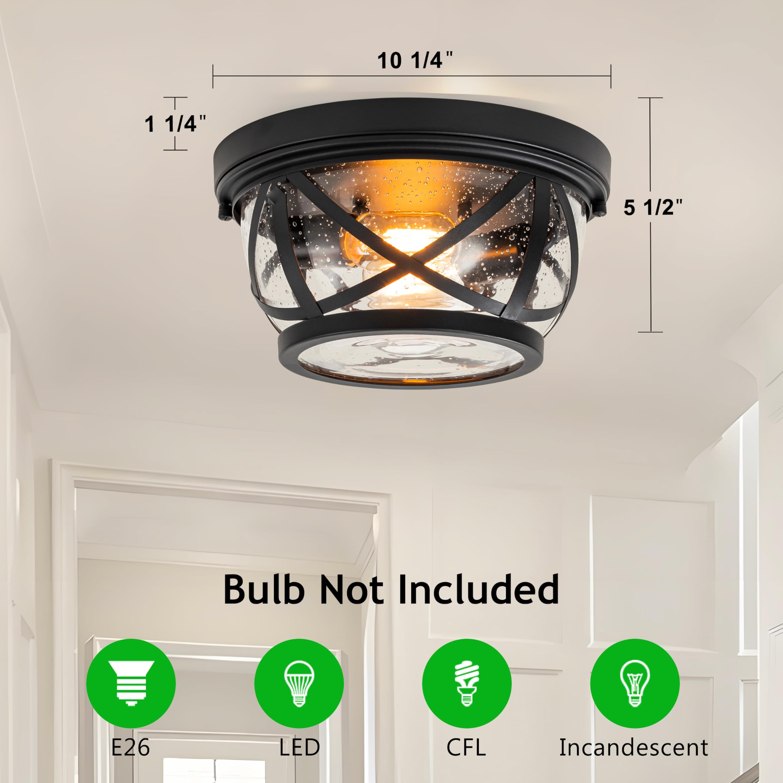 Flush Mount Ceiling Light Fixture Black, 2-Light Modern Farmhouse Porch Light Ceiling Mount For Outdoor, Indoor Flush Mount Light Fixture For Hallway Foyer Kitchen Bathroom With Seeded Glass
