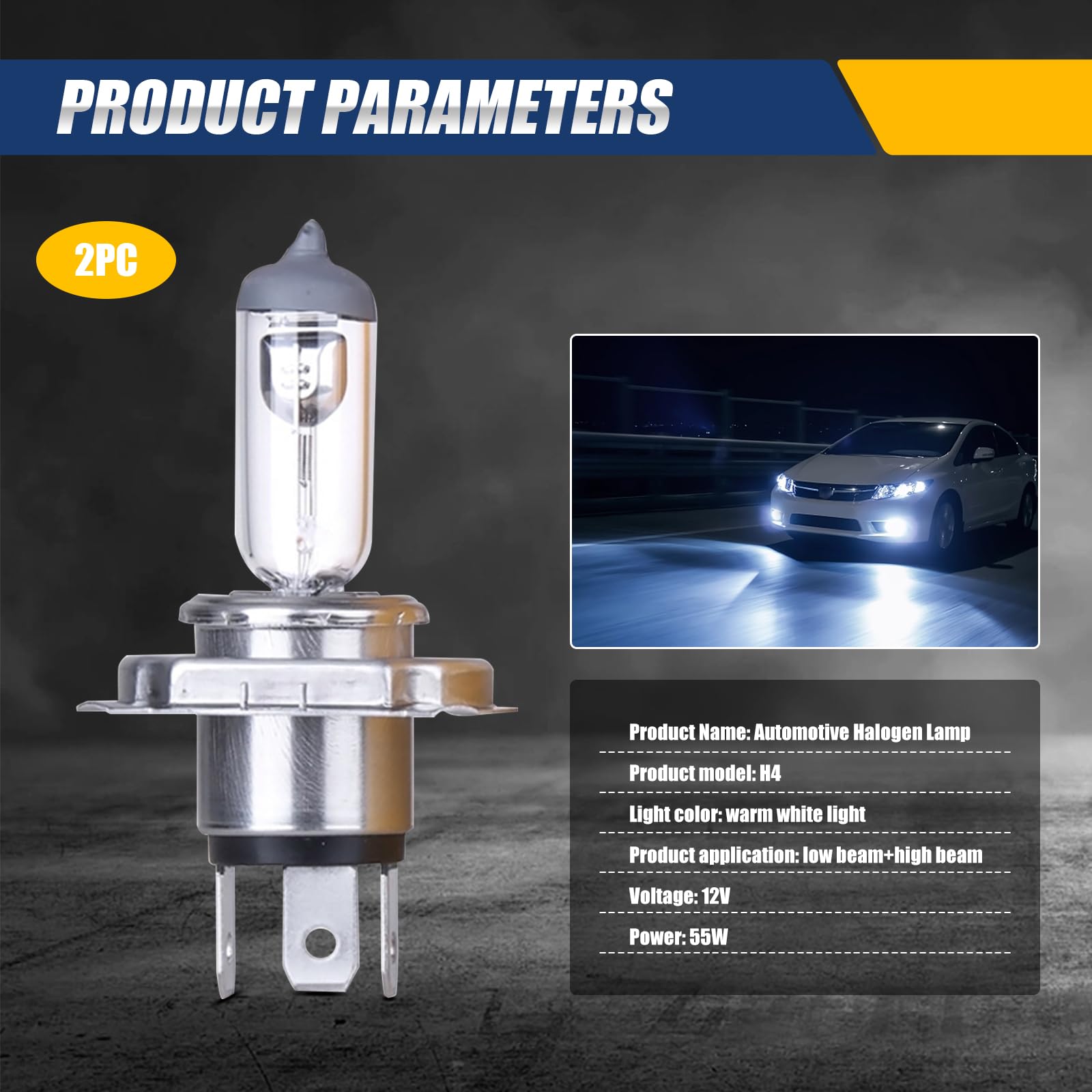 gunhunt H4 Halogen Bulbs, 12V Quartz Lamp, Low/High Beam Fog Light Replacement, 2 PCS, White, Model GURSD1701WH-H4-2PCS
