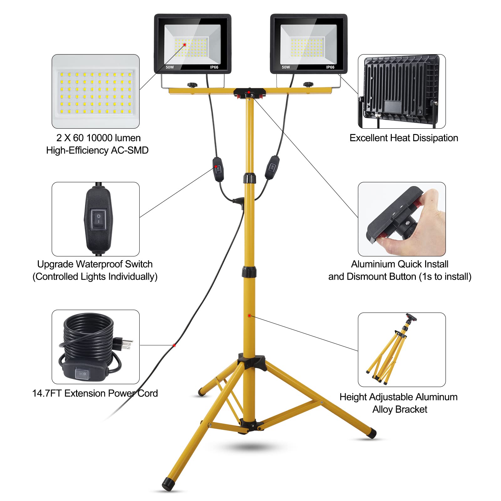 Work Light With Stand 10000 Lumen Led Work Light 100W Dual Head With 14Ft Power Cord, 6000K Daylight White, Ip66 Waterproof, Adjustable Metal Tripod Up To 63&quot; For Indoor, Outdoor,Repair