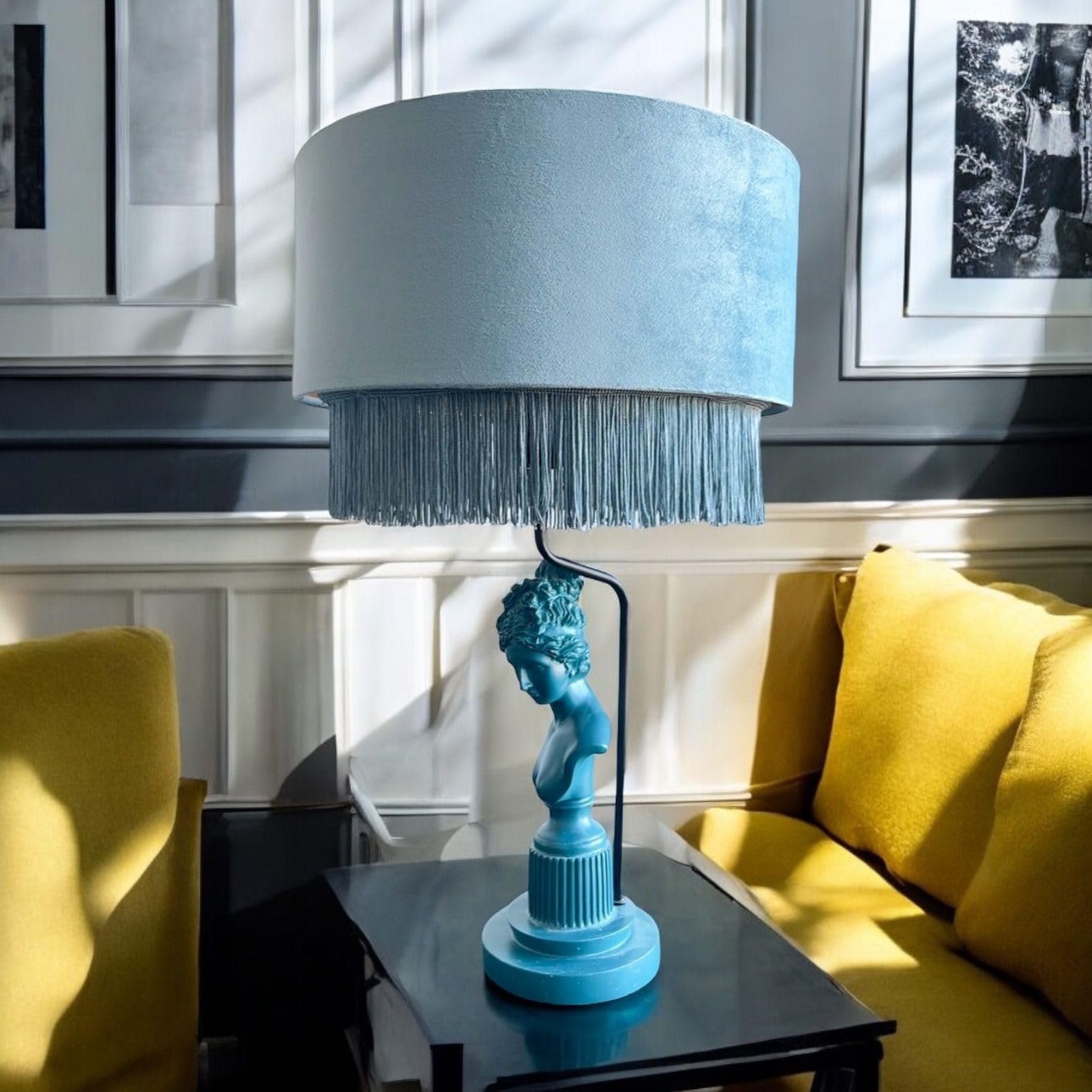 Tristan Home Premium Velvet Drum Lamp Shade With Fringe (Light Blue Small) 35Cmx35Cmx24Cm