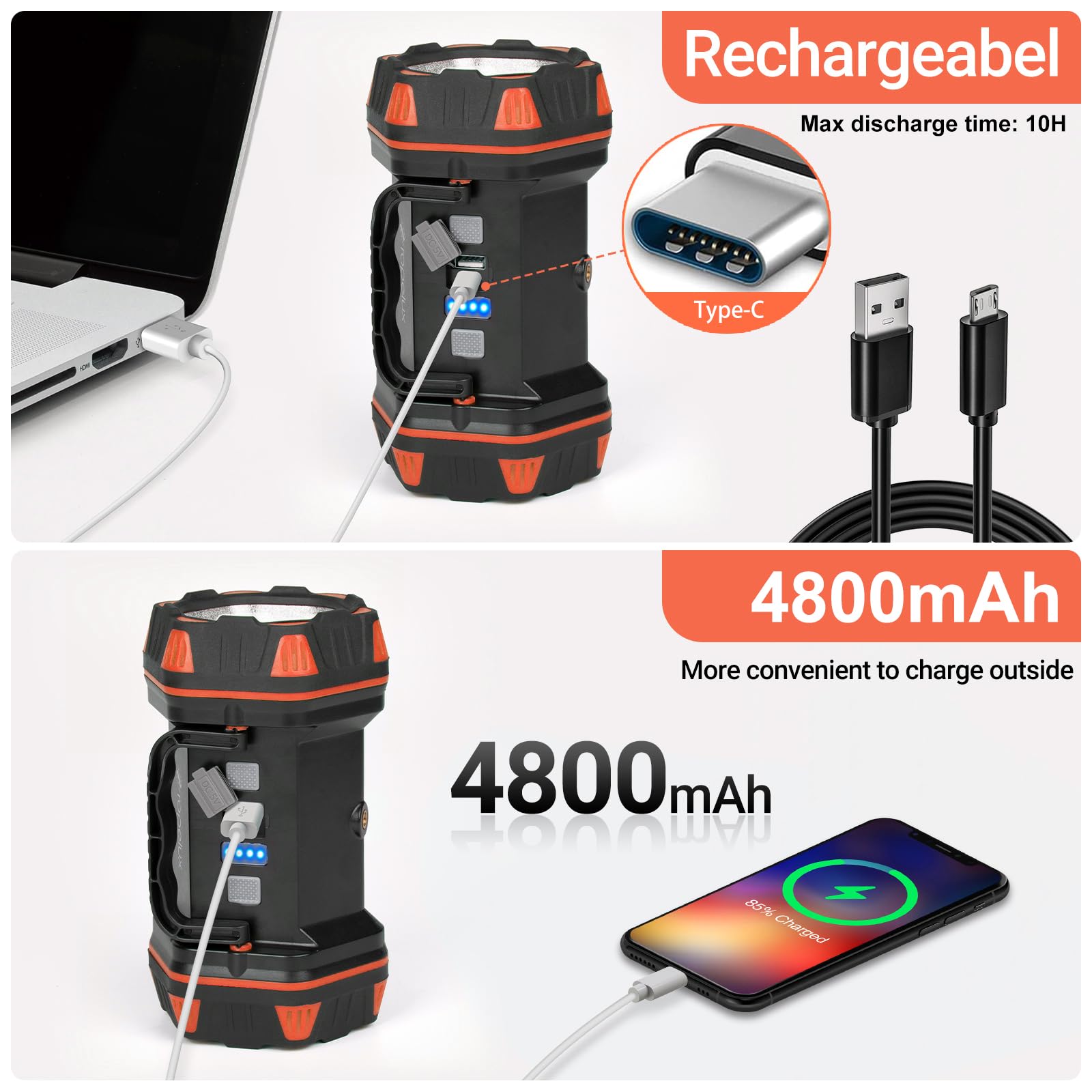 Ropelux Rechargeable Led Camping Lantern 1500Lm, 8 Modes, Portable Light For Emergencies, Orange