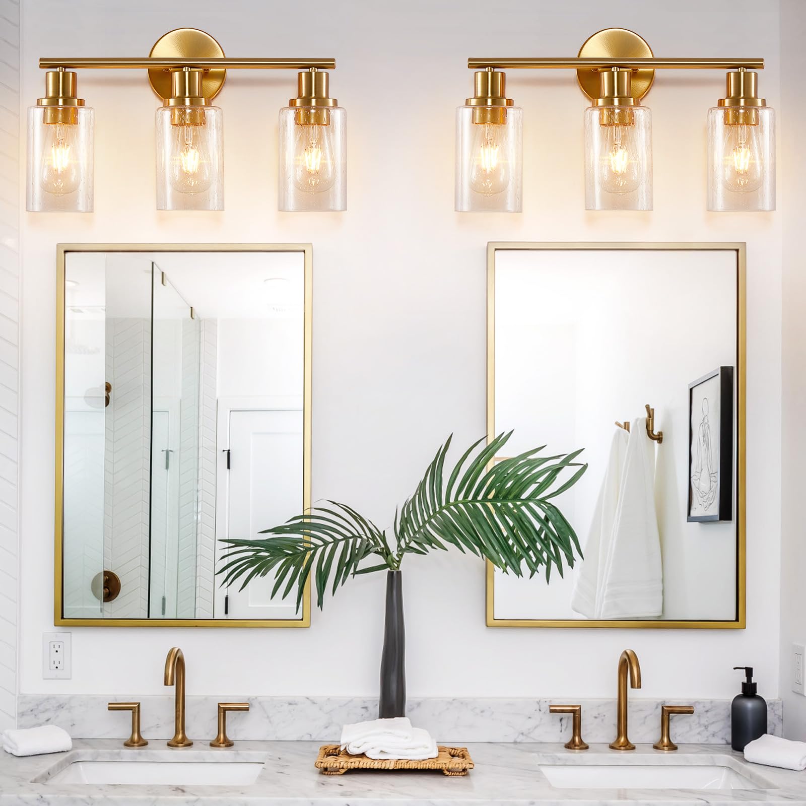 DINGLILIGHTING 3-Light Bathroom Light Fixtures, Brushed Gold & Bubbled Glass, Modern Vanity Wall Lamp for Kitchen, Living Room, Hallway