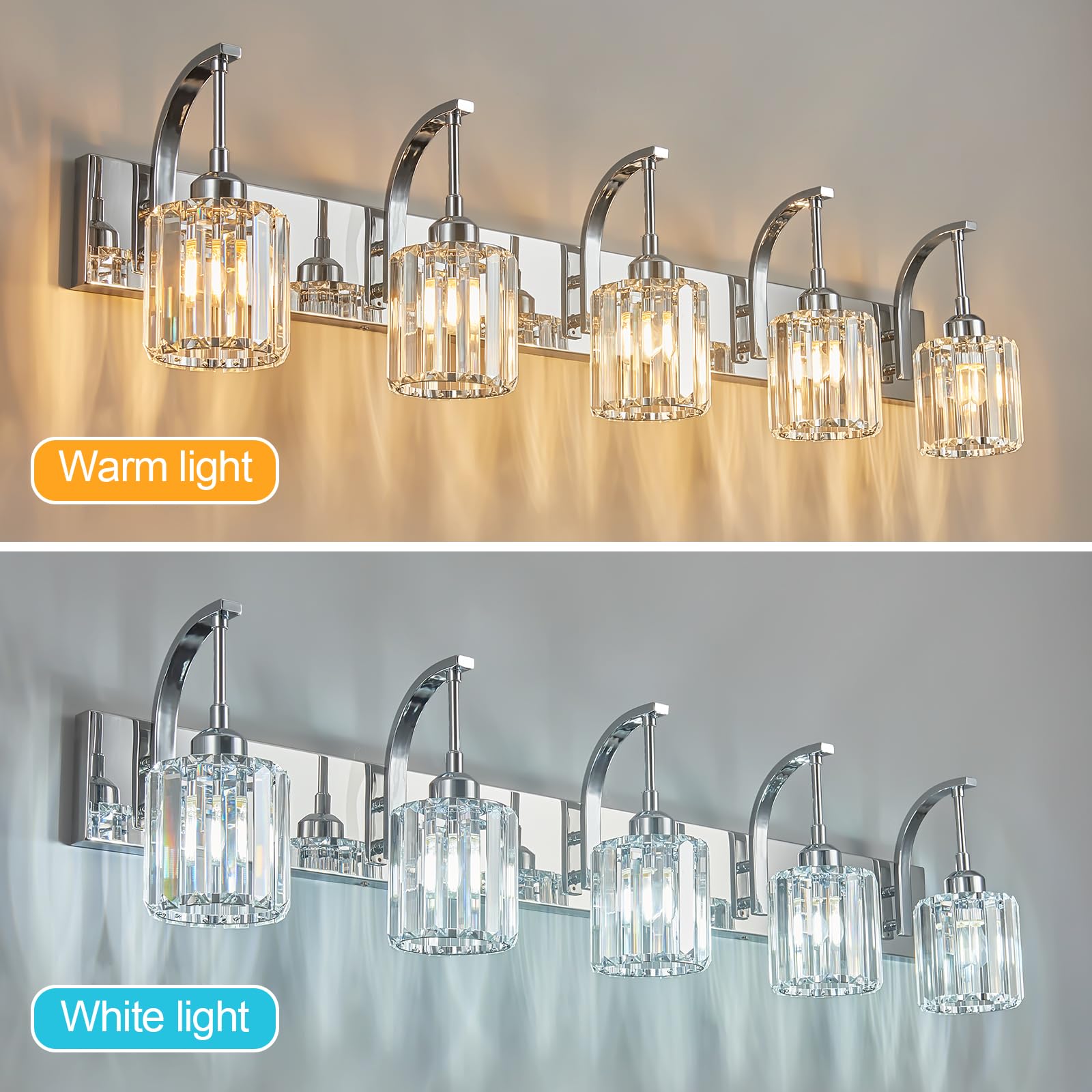 FDPBY 5-Light Crystal Vanity Light, Modern Chrome Wall Sconce, 42.51" for Bathroom & Hallway, K9 Crystal Shades, Model 294-Y