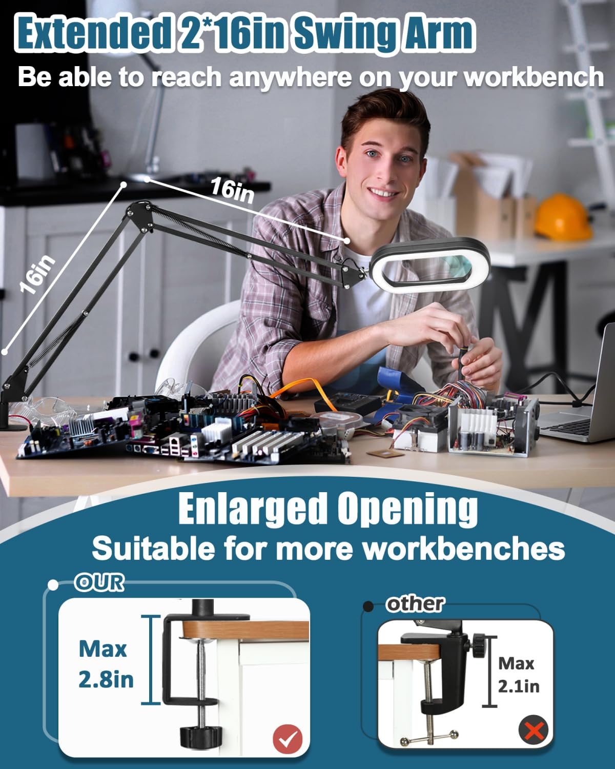 10X Rectangle Magnifying Glass With Light And Stand, 2*16 Inch Swivel Arm Led Lighted Clamp Desk Lamp, 5 Color Modes Stepless Di