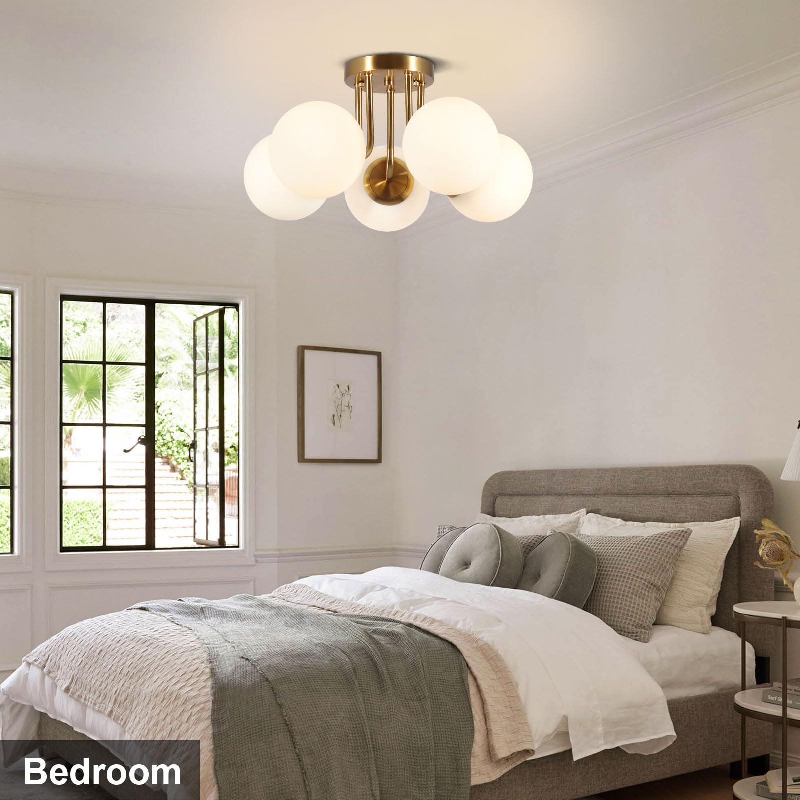 Bektas 5-Lights Semi Flush Mount Ceiling Light Fixture, Brushed Gold, Milk Glass Globe, Model 305-230758BA-US479, Ideal for Living Room & Bedroom