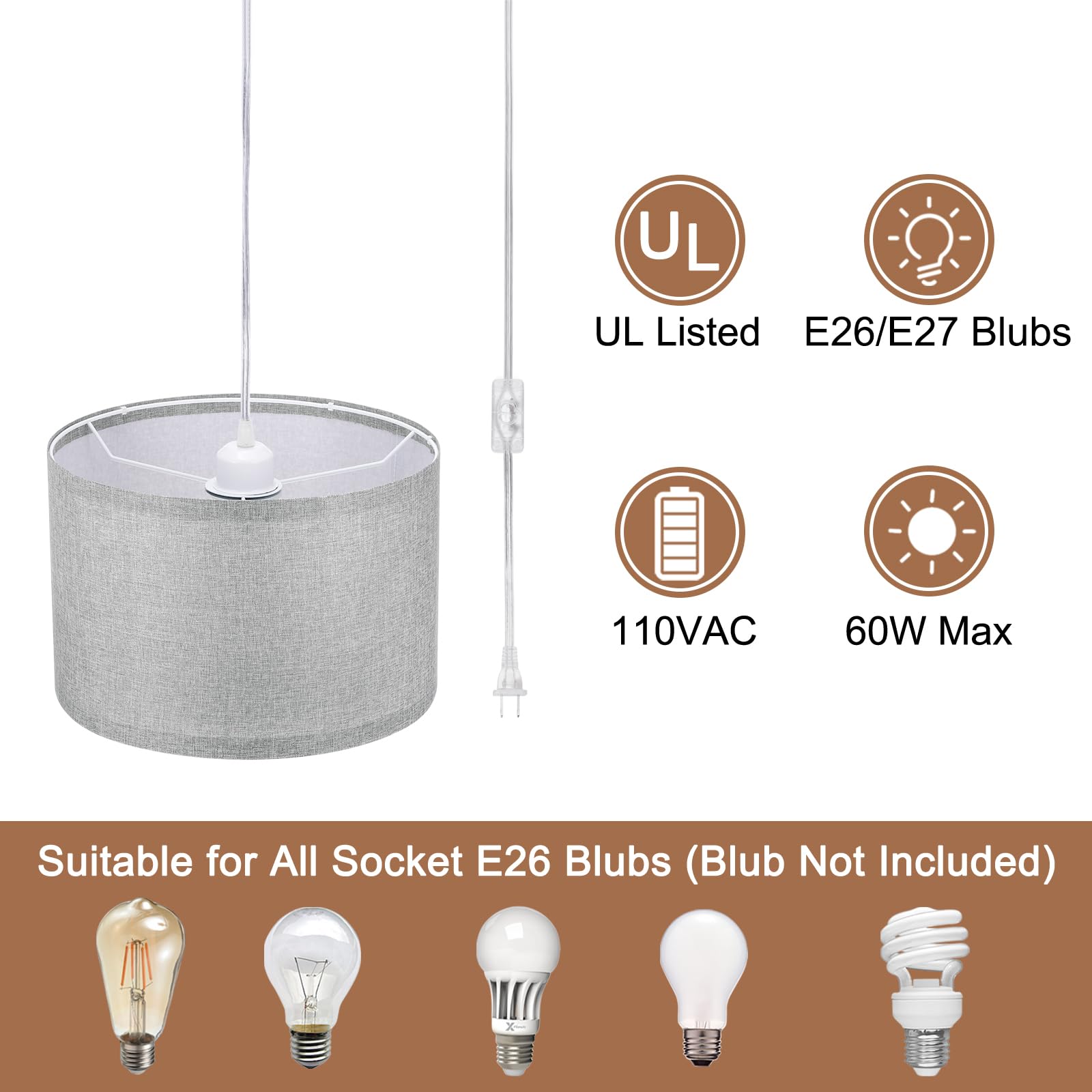 Patikil Plug In Pendant Light, 15Ft Rope Cord Hanging Lamp Fixture With On/Off Switch, Fabric Shade E26/E27 Bulb Socket For Bedroom Kitchen Living Room, Dark Gray