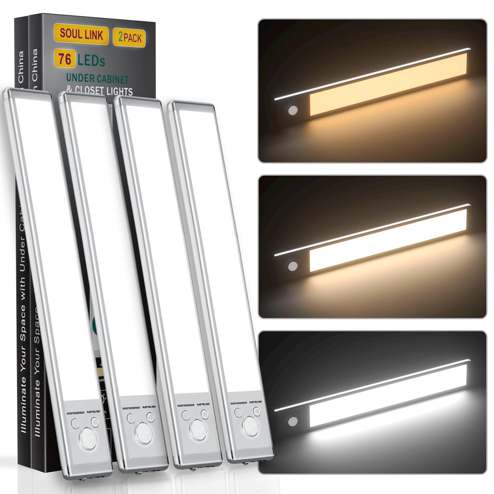 Under Cabinet Lights,76 Led Operated Motion Sensor Light Indoor,1500Mah Usb Rechargeable Closet Lights, 4 Pack Magnetic Dimmable