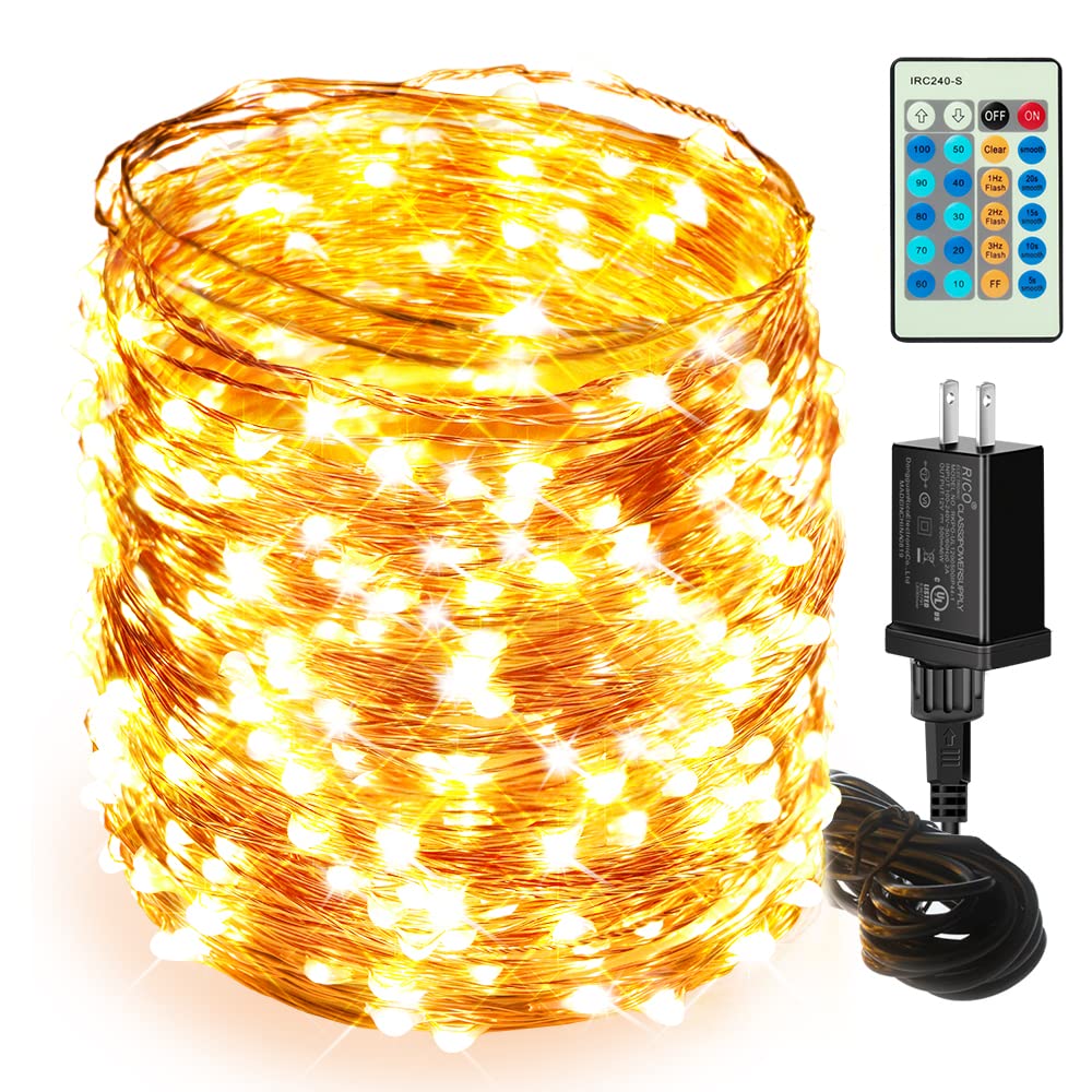 Moobibear LED Fairy Lights, 164ft Dimmable Copper String Lights with Remote, Warm White, UL-Listed for Outdoor Decor