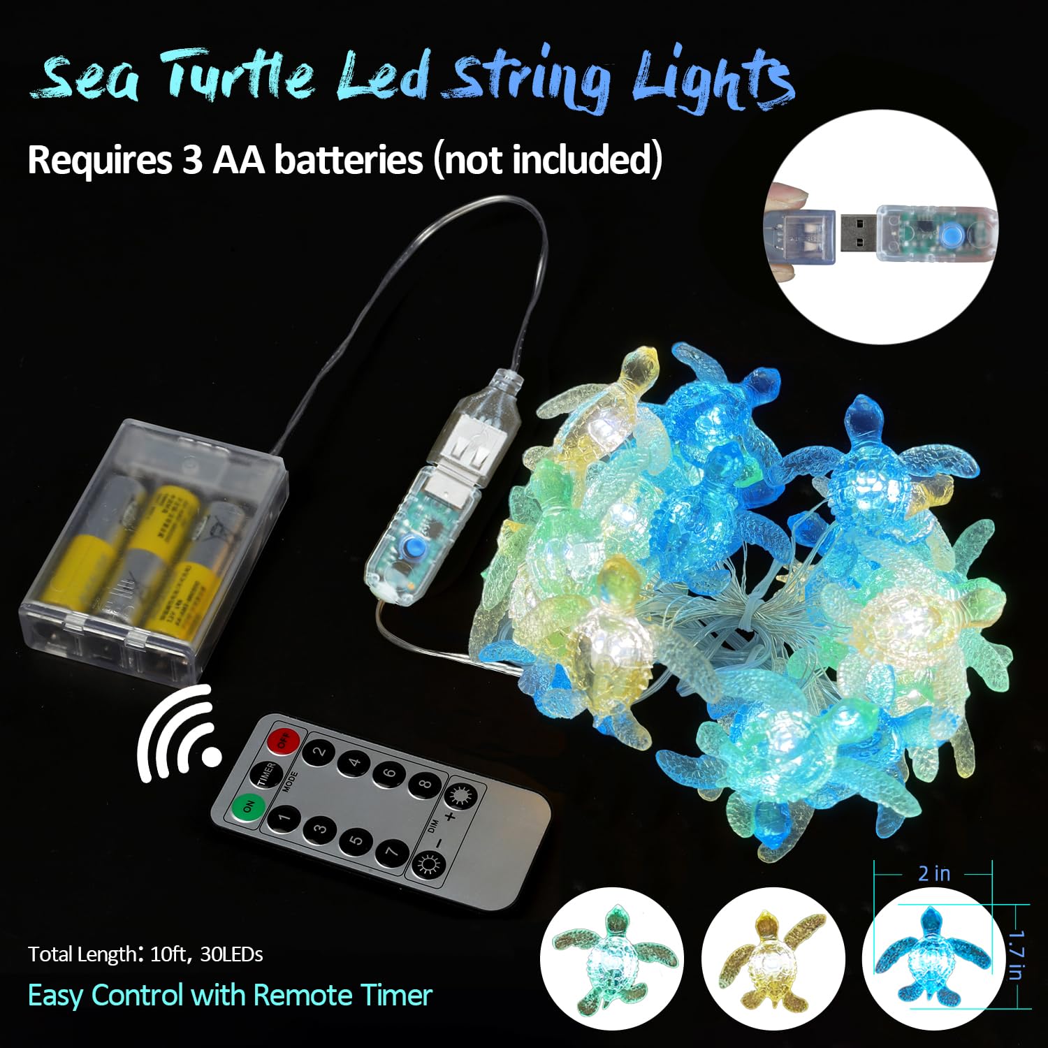 Jashika- Sea Turtle Decorative Lights- Ocean Themed String Lights -10Ft 30 Leds-Usb Plug-In -Battery Pack - Remote Control -Baby Shower- Bathroom- Christmas -Beach-Party Decor
