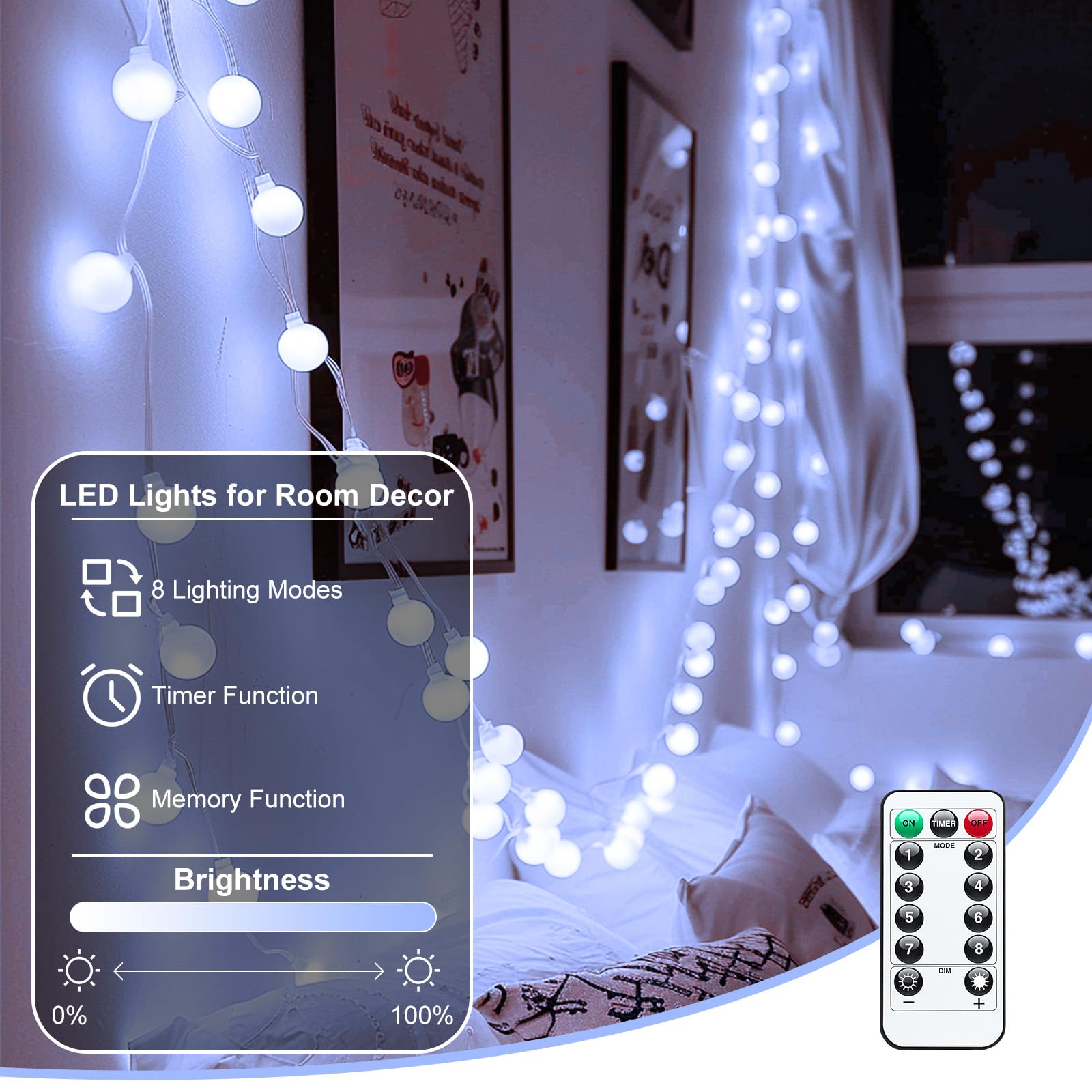 Minetom Usb String Lights Indoor Bedroom, 2 Pack Totally 46Ft 100 Led Globe Lights With Remote Plug-In, Xmas Twinkle Lights For Wedding Wall Classroom Dorm Canopy Ceiling Room Decor, Pure White