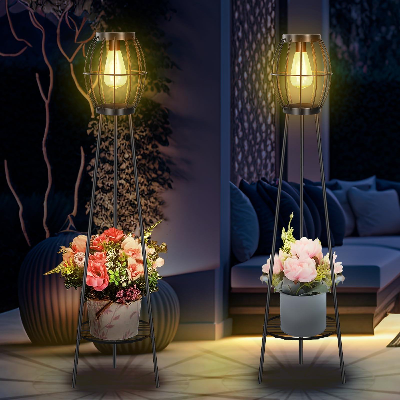 2 Pack Solar Lights Outdoor With Plant Stands, Solar Floor Lamp, Solar Powered Street Light Metal Tripod Deck Lights, Patio Deco