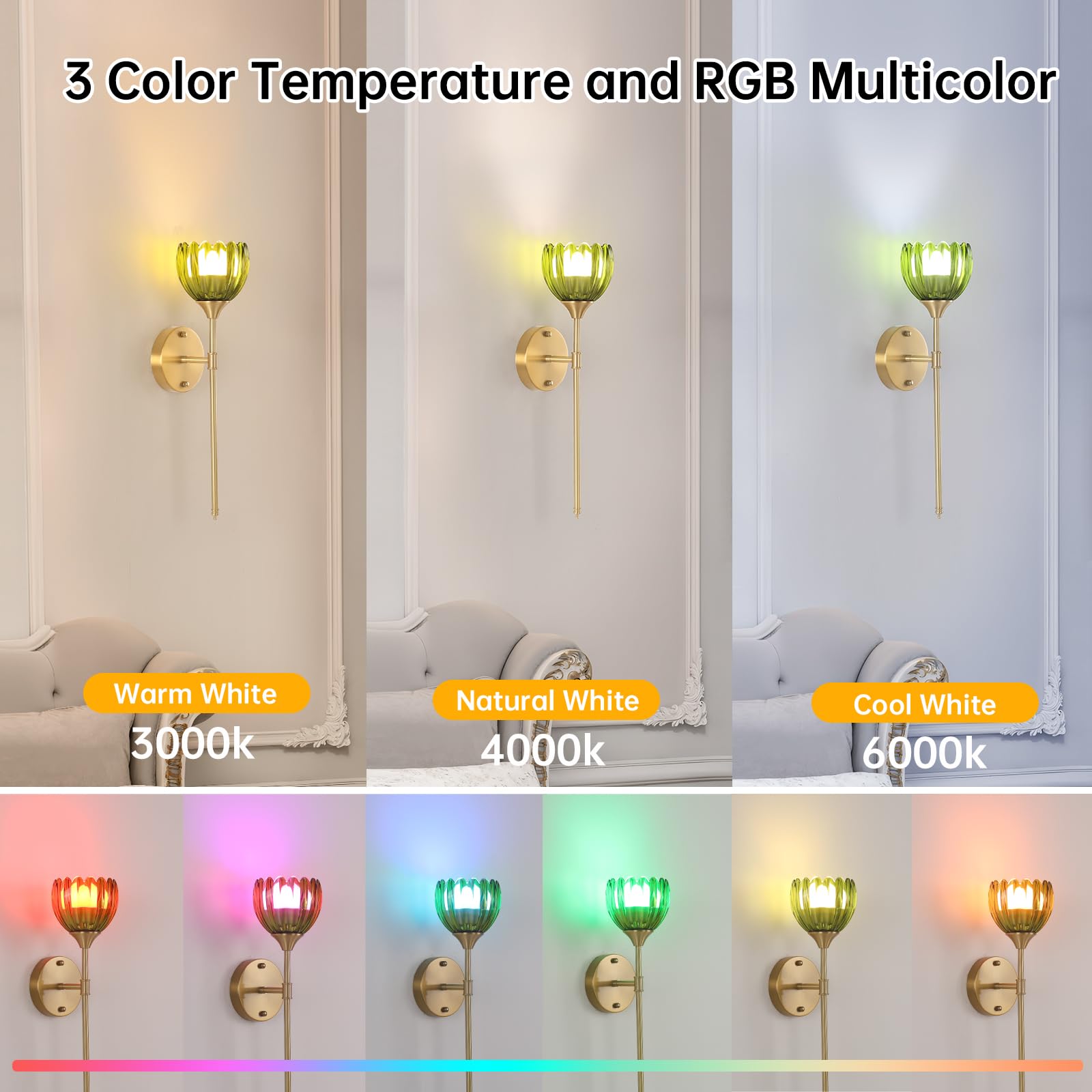 Shenmoyl Wall Sconce Set of 2, Battery Operated, Glass, Tulip Green-Sceptre Brass, Rechargeable, Remote, Model a9d8eff8