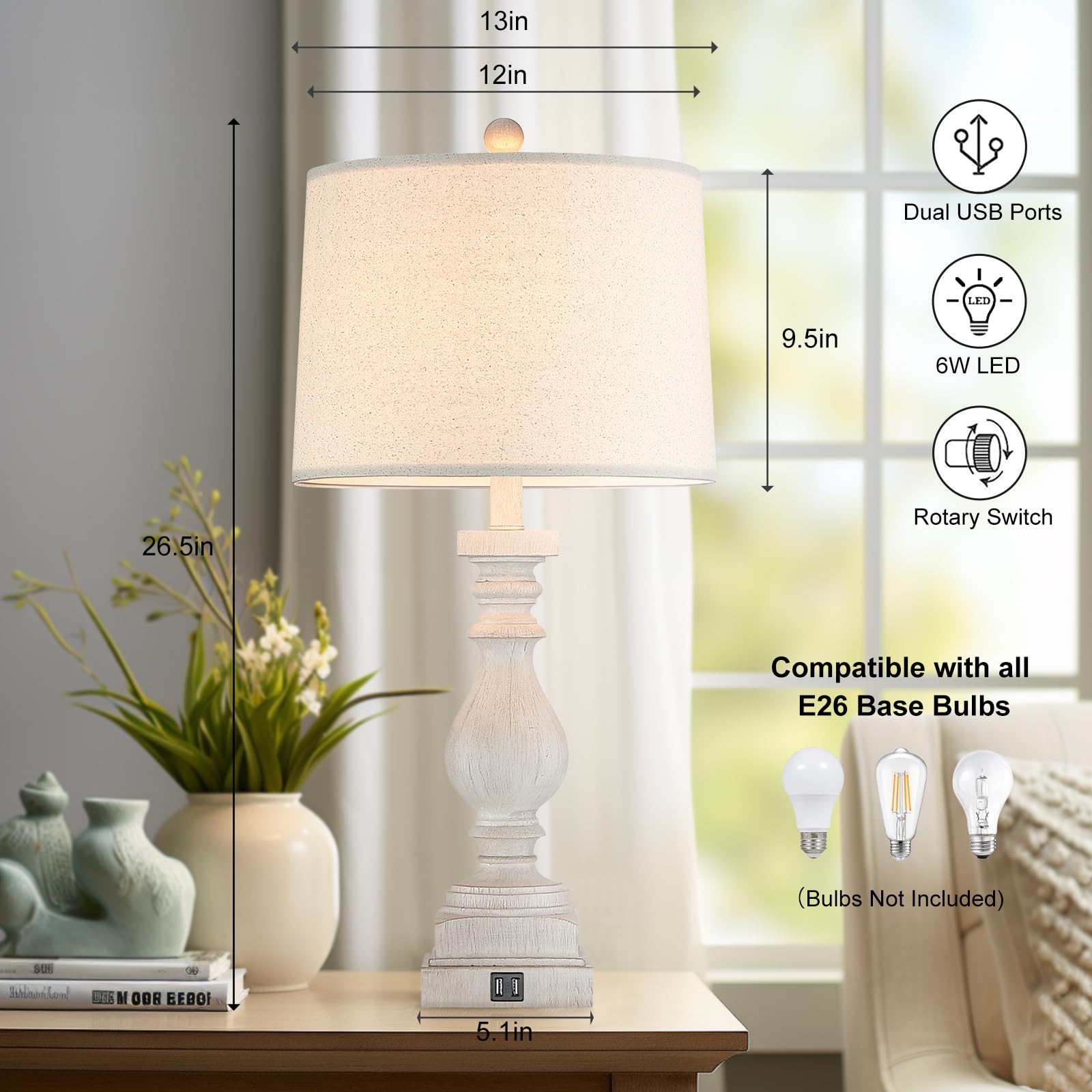 Altgedecor Rustic Dimmable Table Lamps Set Of 2 With Usb Charging Ports,26.5   Resin Beside Lamps For Living Room,Vintage Farmho