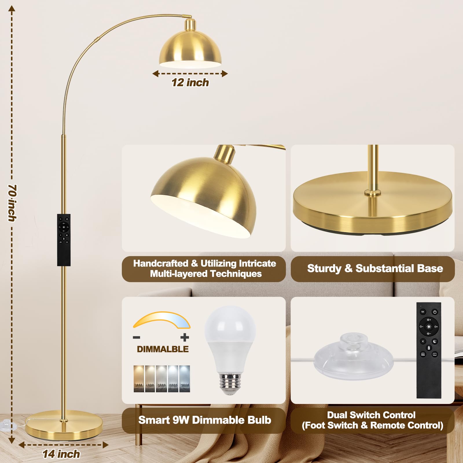 Venzblomia ?Upgraded? Arc Floor Lamps For Living Room - Stepless Dimmable Gold Tall Lamp With Remote Control & Color Temperature