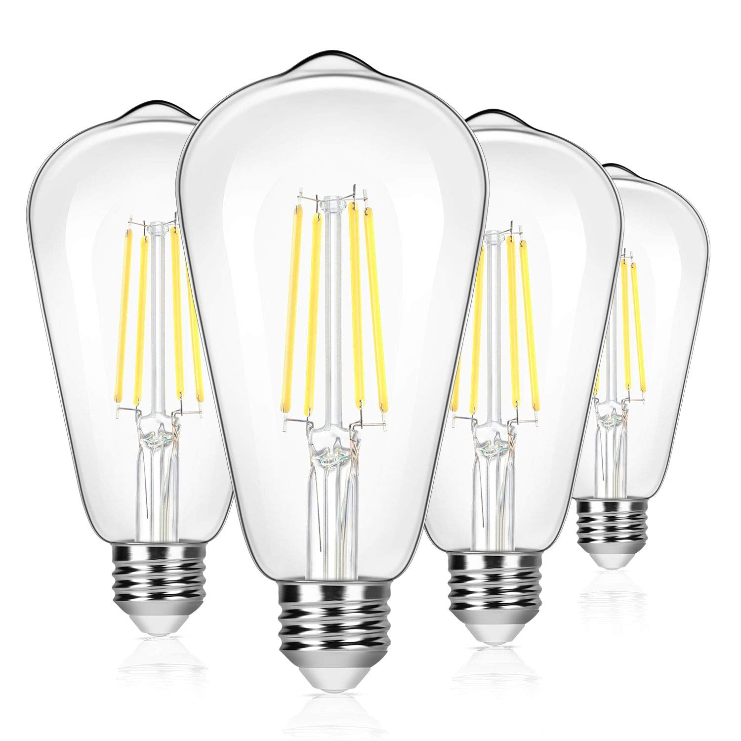Brightever 4-Pack LED Edison Light Bulbs, 8W, 100W Equivalent, 1400 Lumens, 5000K Daylight White, E26 Base, Antique