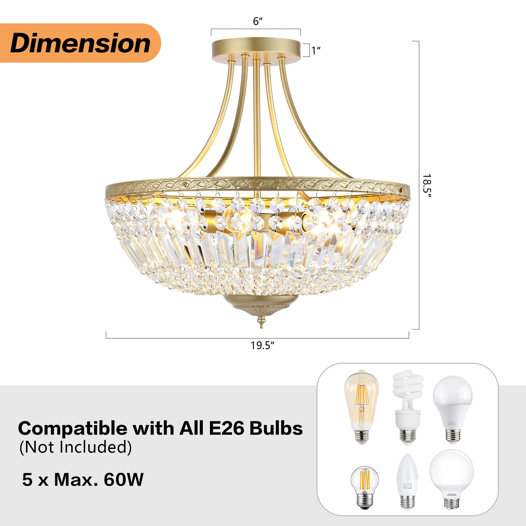 WINGBO 5-Light Crystal Ceiling Light Fixture, Modern Raindrop Chandelier, 19.5 Inch, Gold