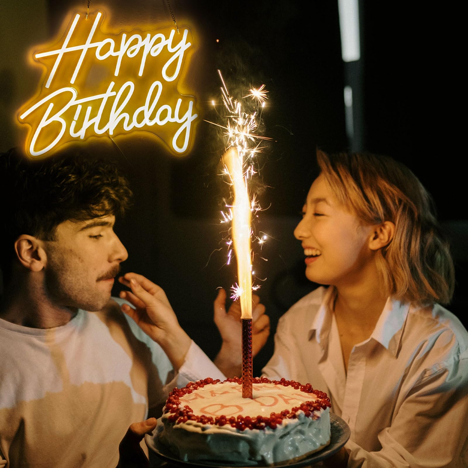 Gevbay LED Neon Happy Birthday Sign for Wall Decor, Warm White, 15.82 x 13.02 Inches, Model GC-2401020-2, USB Powered