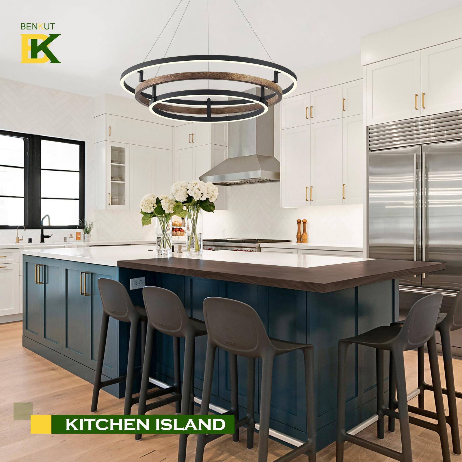 Benkut 3 Rings Modern Led Chandelier Black Dimmable Circular Pendant Light For Dining Room  Foyer Chandelier With Remote Control Flush Mount High Ceiling Light For Kitchen Living Room  D30.7In