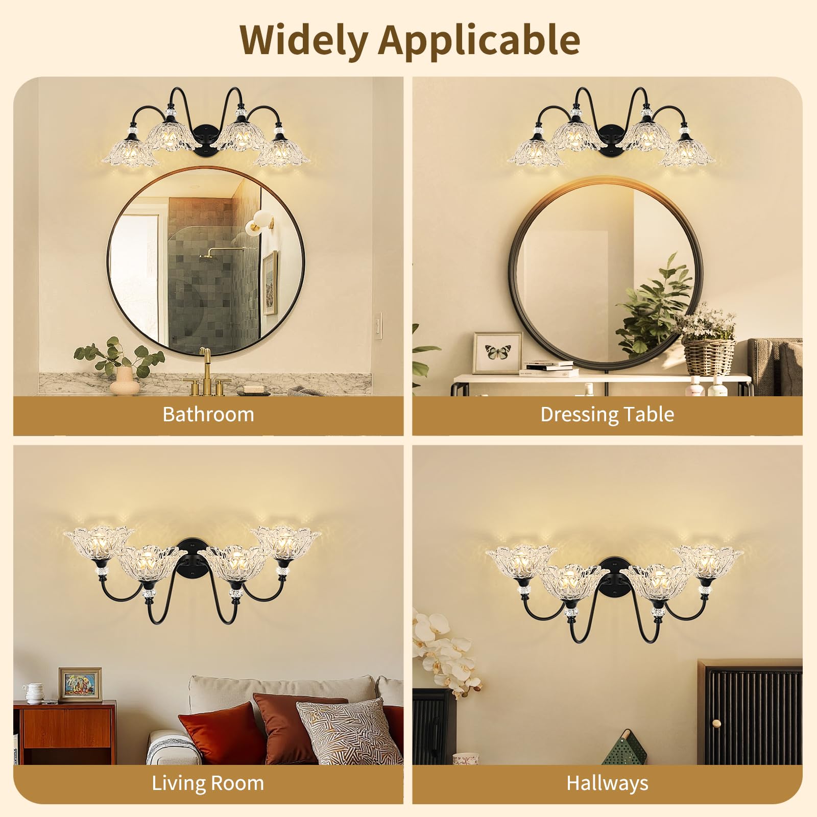 Sunkryster 4-Light Bathroom Vanity Light, Matte Black, Floral Clear Glass Shades, Model Sun-104AB-Black-4