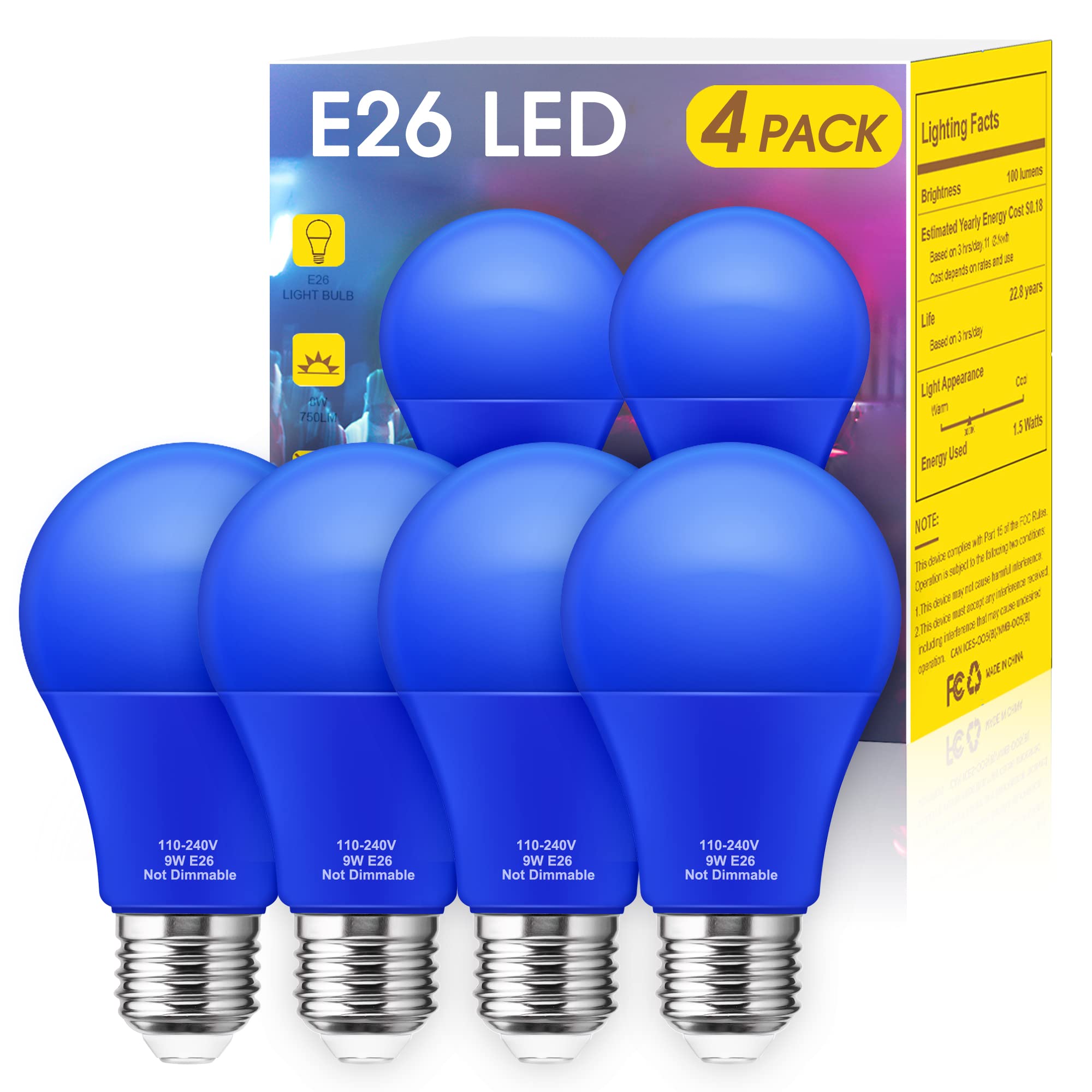 Blue Light Bulbs [ 4 Pack ] A19 Blue LED Light Bulbs Outdoor 60W Equivalent 9W, E26 Blue Bulbs, Party Decoration, LED Blue Color