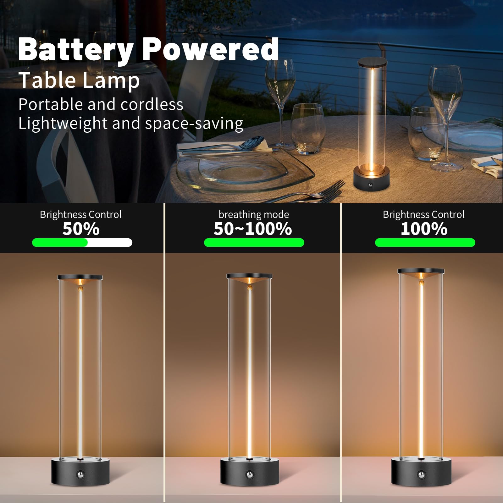 Baishezhuan Cordless Portable Led Table Lamp, Rechargeable Battery Operated Desk Lamp With Touch Sensor, Three-Level Dimmable Su