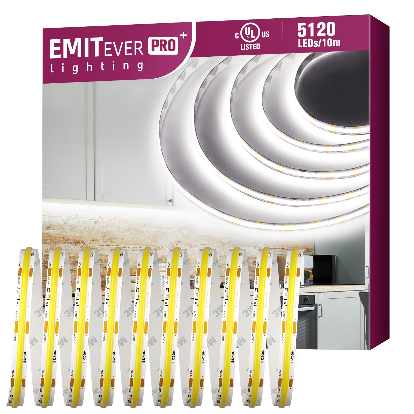 Emitever 5000K Cob Led Strip Lights, 32.8Ft, 400+ Lumens/Ft, Ul Listed