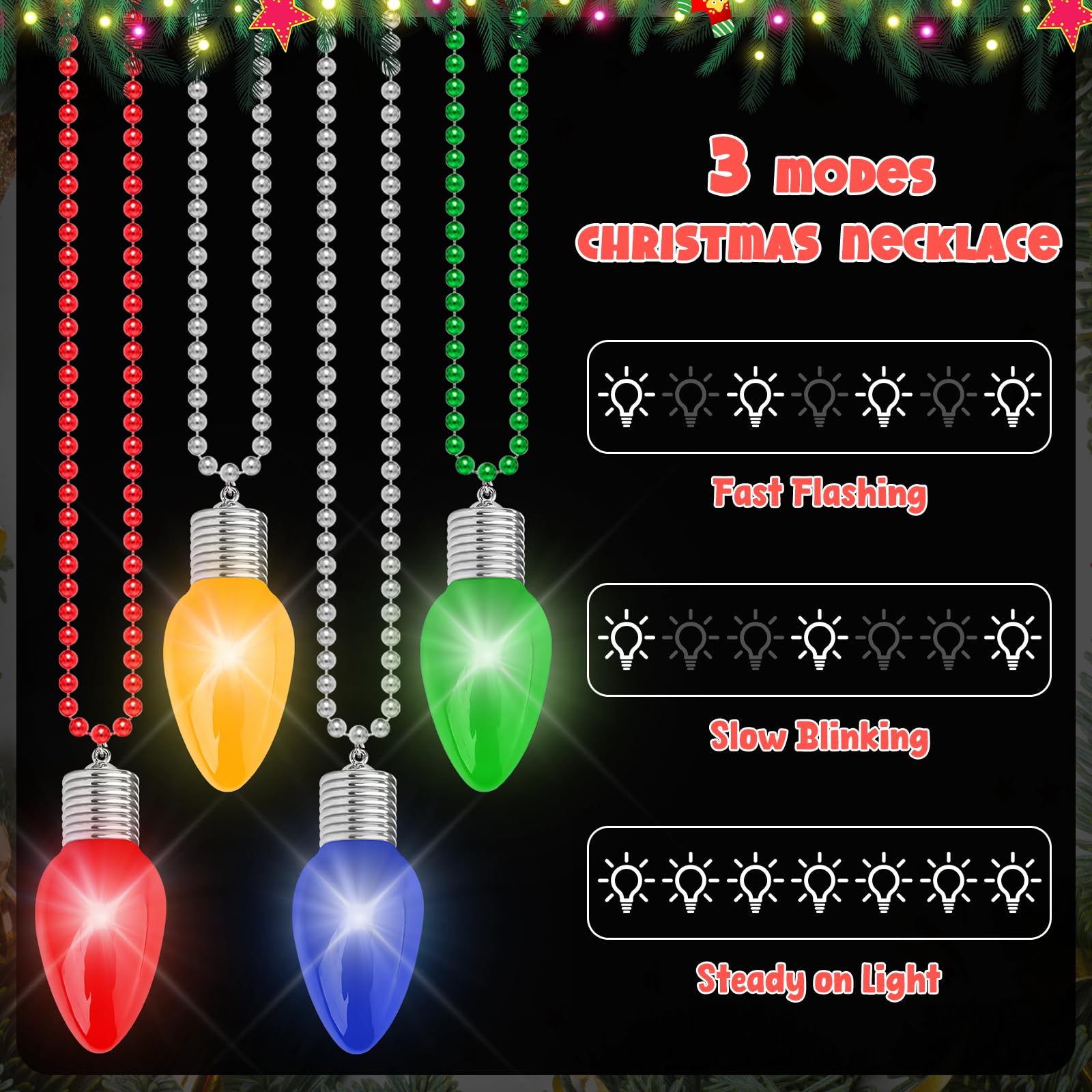 24PCS Christmas Necklace Light Up, 3 Light Modes Christmas Accessories, Colorful Bulbs Christmas Lights Necklace, Bead Chain Chr