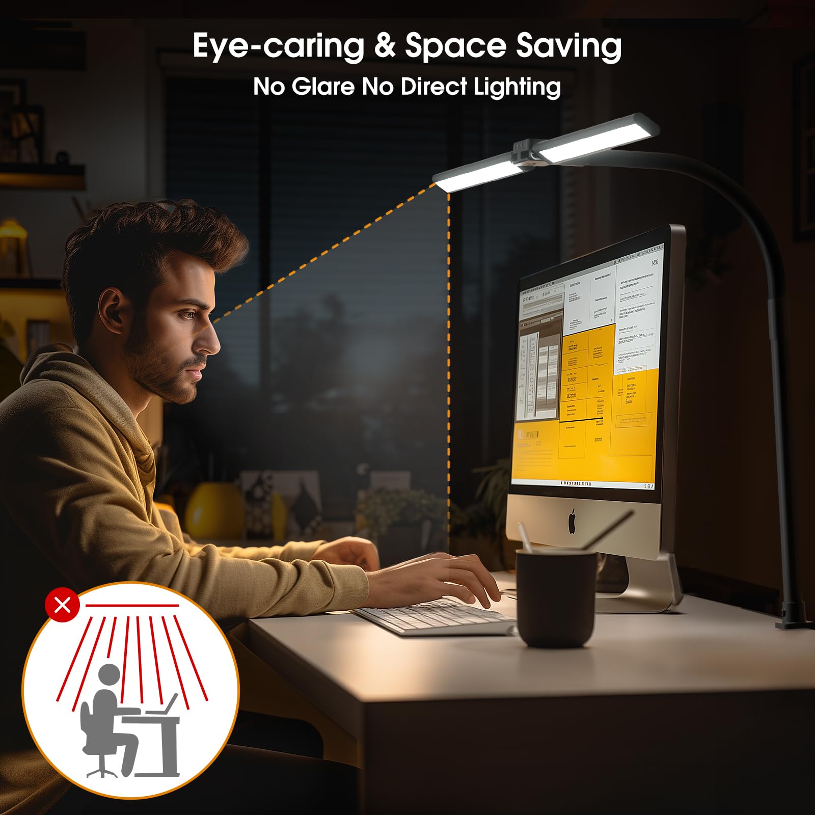 Sibrille Led Desk Lamp For Home Office - Eye-Caring Computer Desk Light With Clamp, Rotatable Computer Lighting With Color Chang