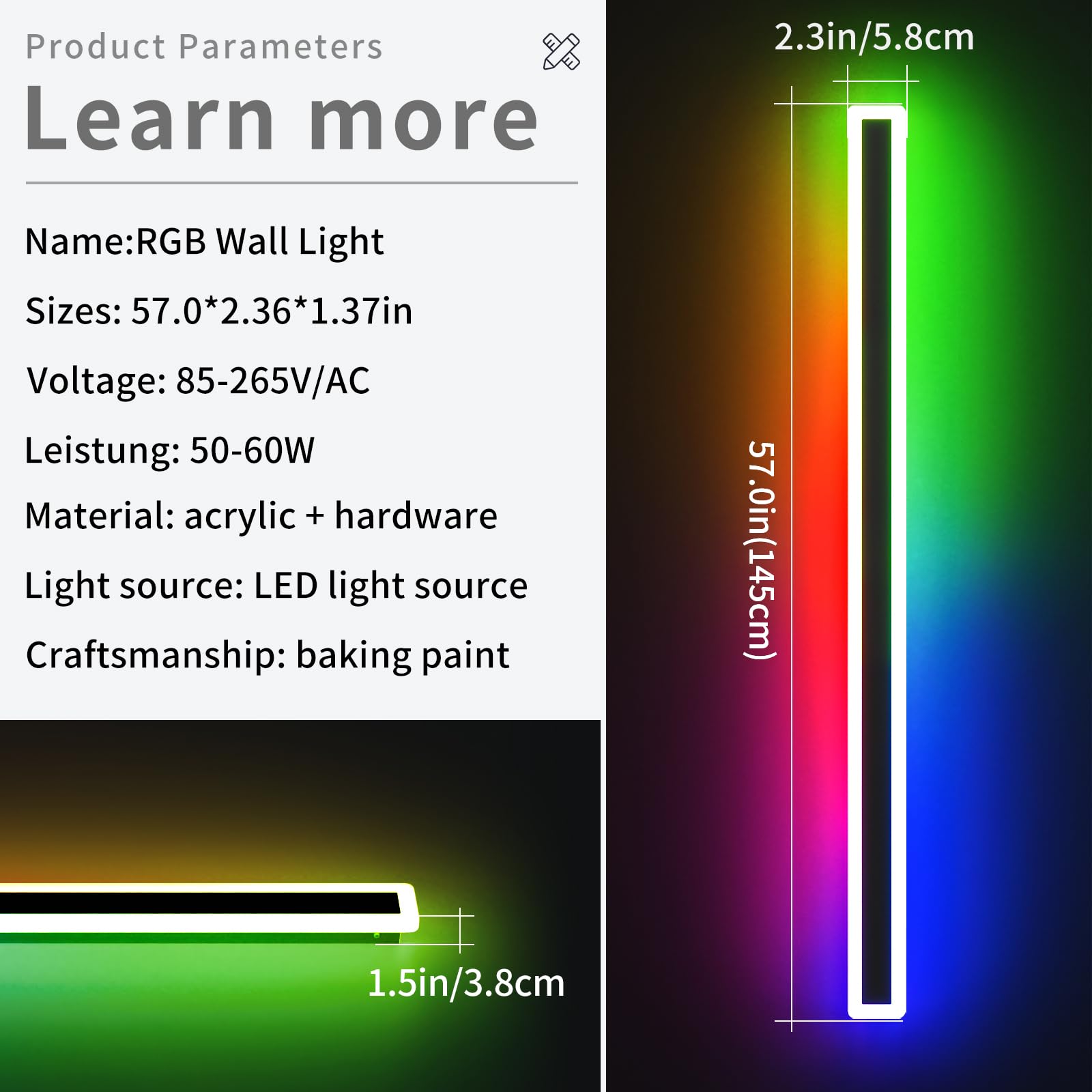 Daoseolo 57inch LED Outdoor Wall Light, RGBW, Dimmable, IP65 Waterproof, Model TC-FTBD-1112, Remote Control