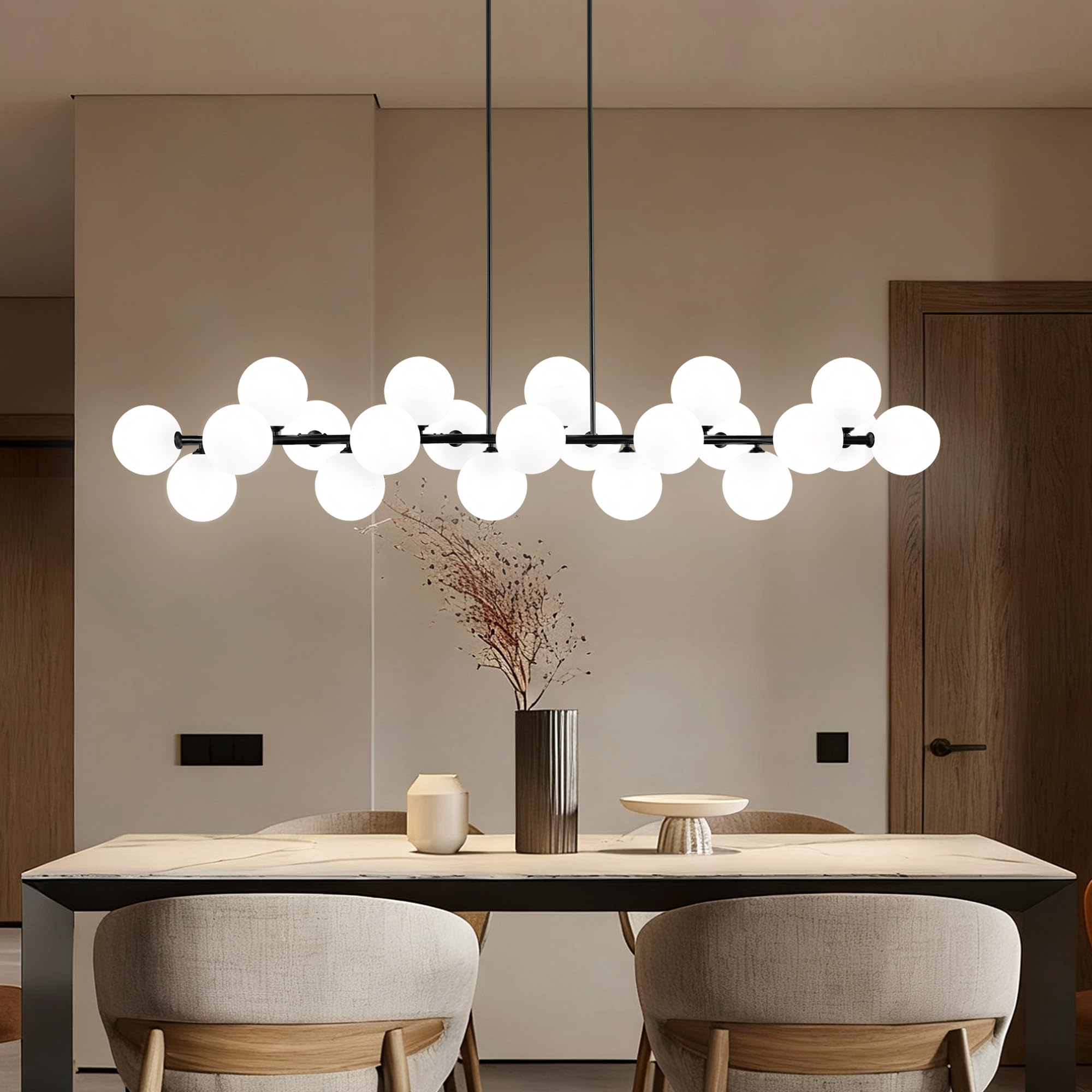 Lzawvm Linear Chandelier for Dining Room, Sputnik Glass Globe Linear Chandelier Black Modern 22 Lights Long Chandelier 70 Inch P