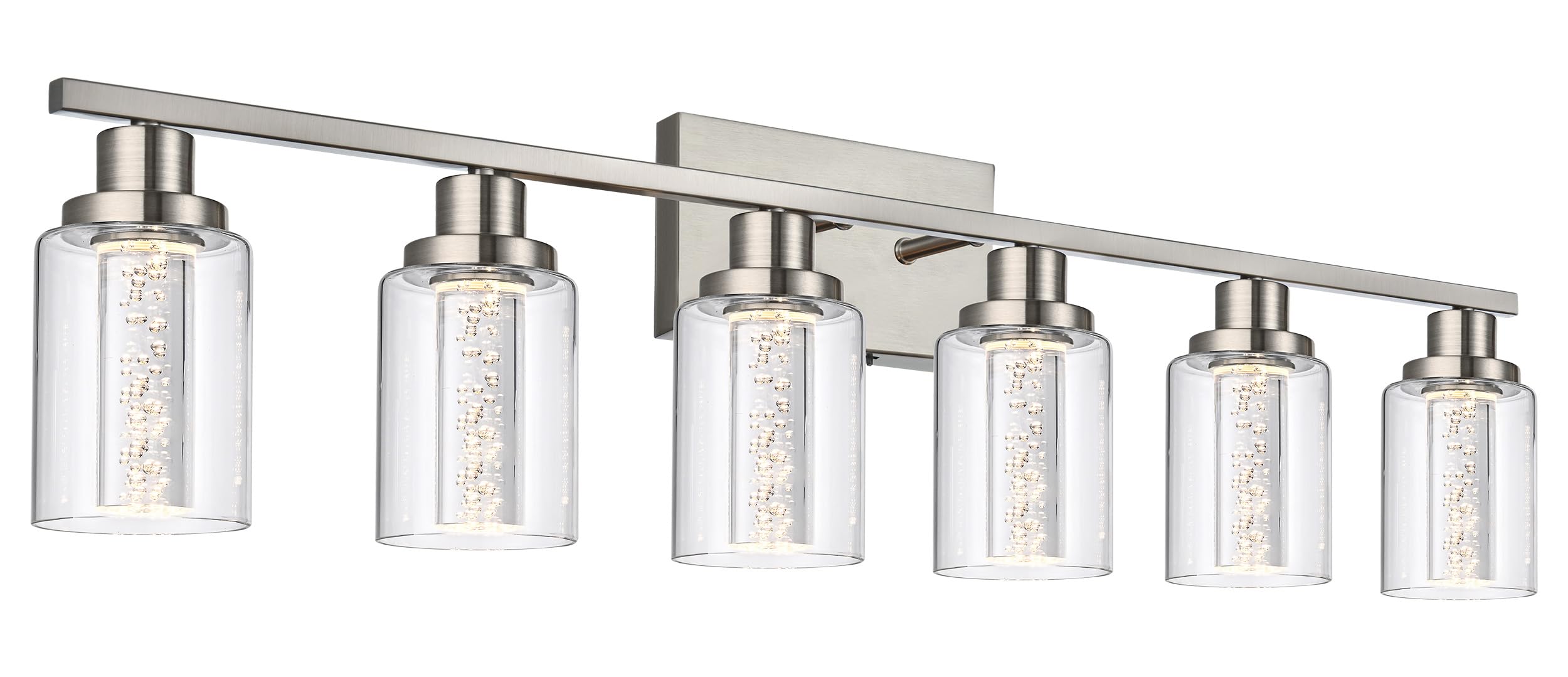 MELUCEE 6-Light LED Bathroom Vanity Light, Modern Brushed Nickel Bathroom Light Bar with Crystal Bubble Clear Glass Shade, Dimma
