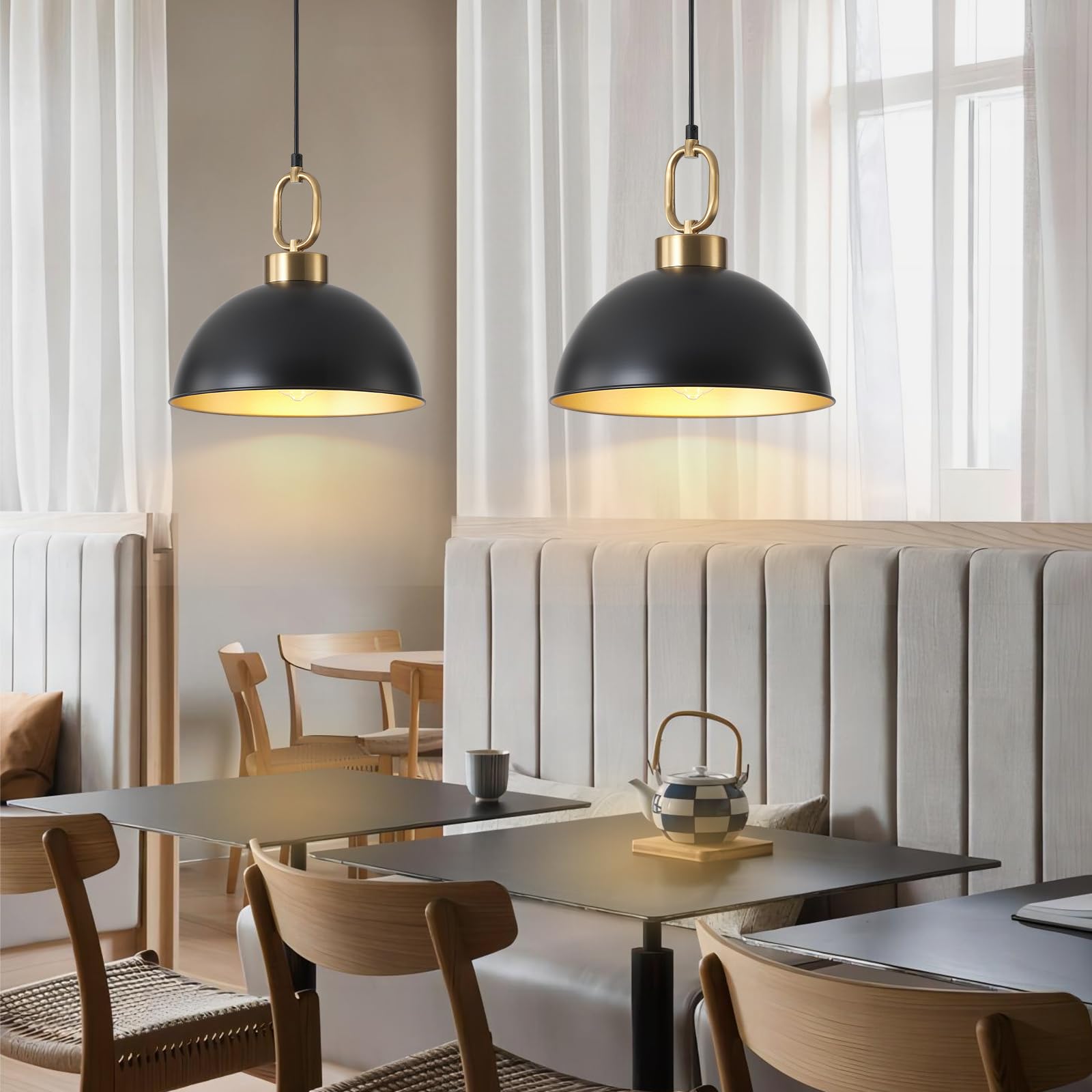 TinHon Farmhouse Pendant Light Fixture 2 Pack, 12.2in Adjustable Height, Matte Black with Gold Handle, Vintage Metal Shade