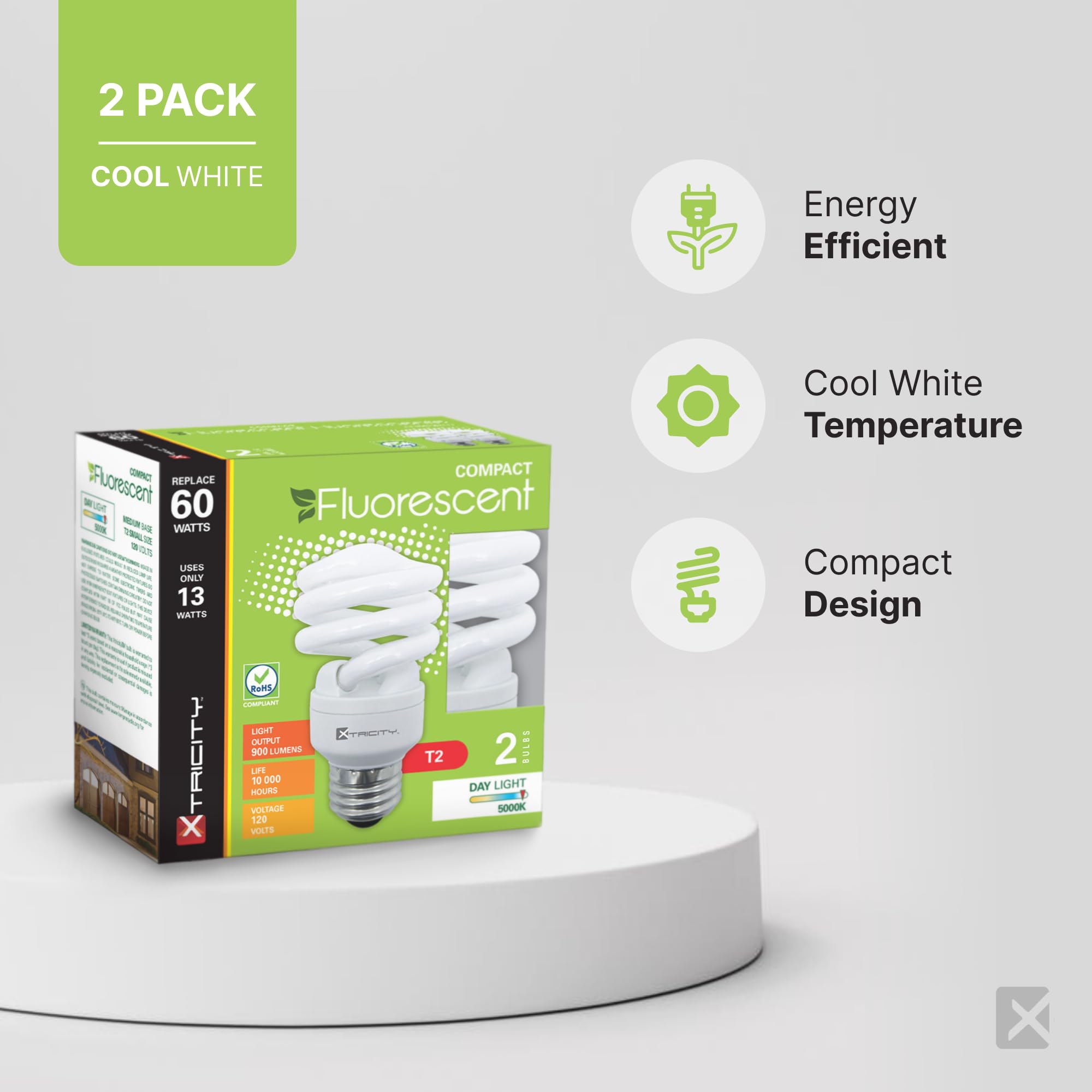 Xtricity Compact Fluorescent Light Bulb T2 Spiral, E26 Base, 9W (40 Watt Equivalent), 4100K Cool White, 540 Lumens, Cfl, 120V -