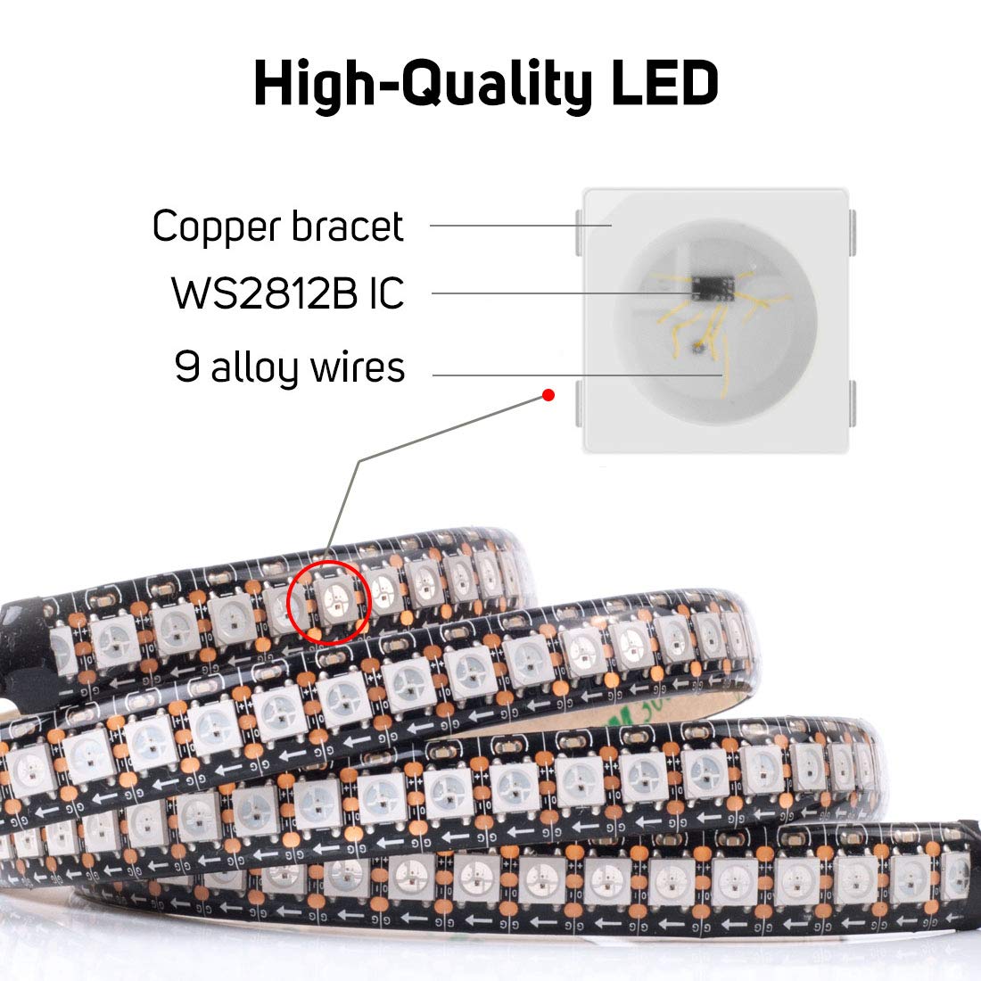 BTF-LIGHTING WS2812B RGB LED Strip, 3.2FT 144LED, IP65, Individually Addressable, Chasing Effects, Model HD-5V-WS