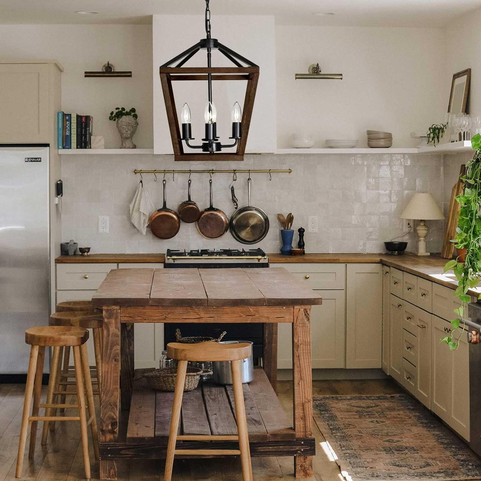 Telafly 4-Light Lantern Pendant Light,Black Wood Cage Farmhouse Chandelier For Kitchen Island,12'' Rustic Metal Geometric Hangin