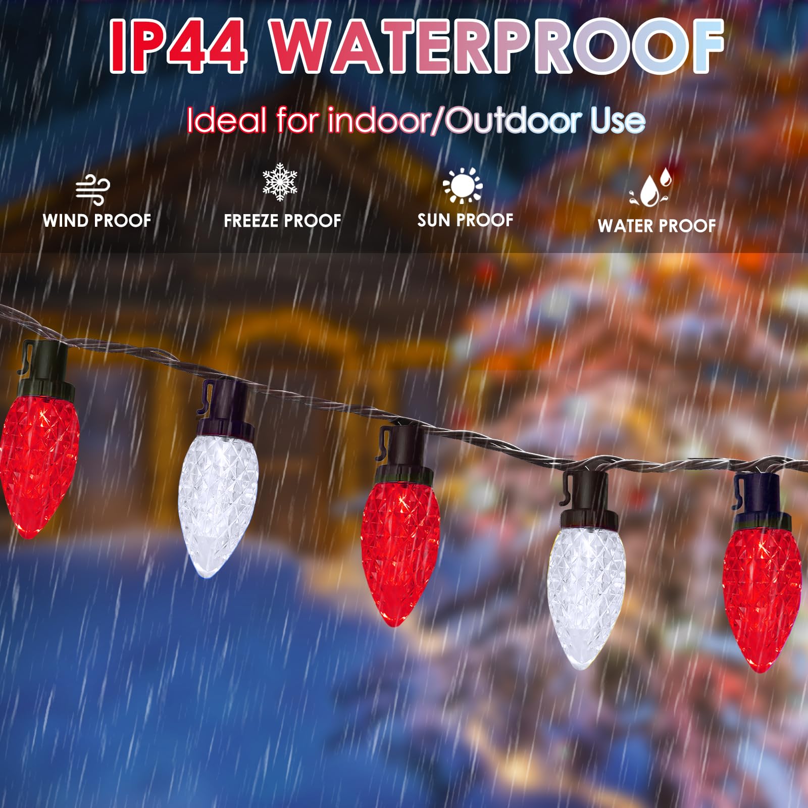 2-Pack Connectable Red And White C9 Christmas Led String Lights, Total 66 Ft 100 Led Christmas Lights Plug In With 29V Safe Adap