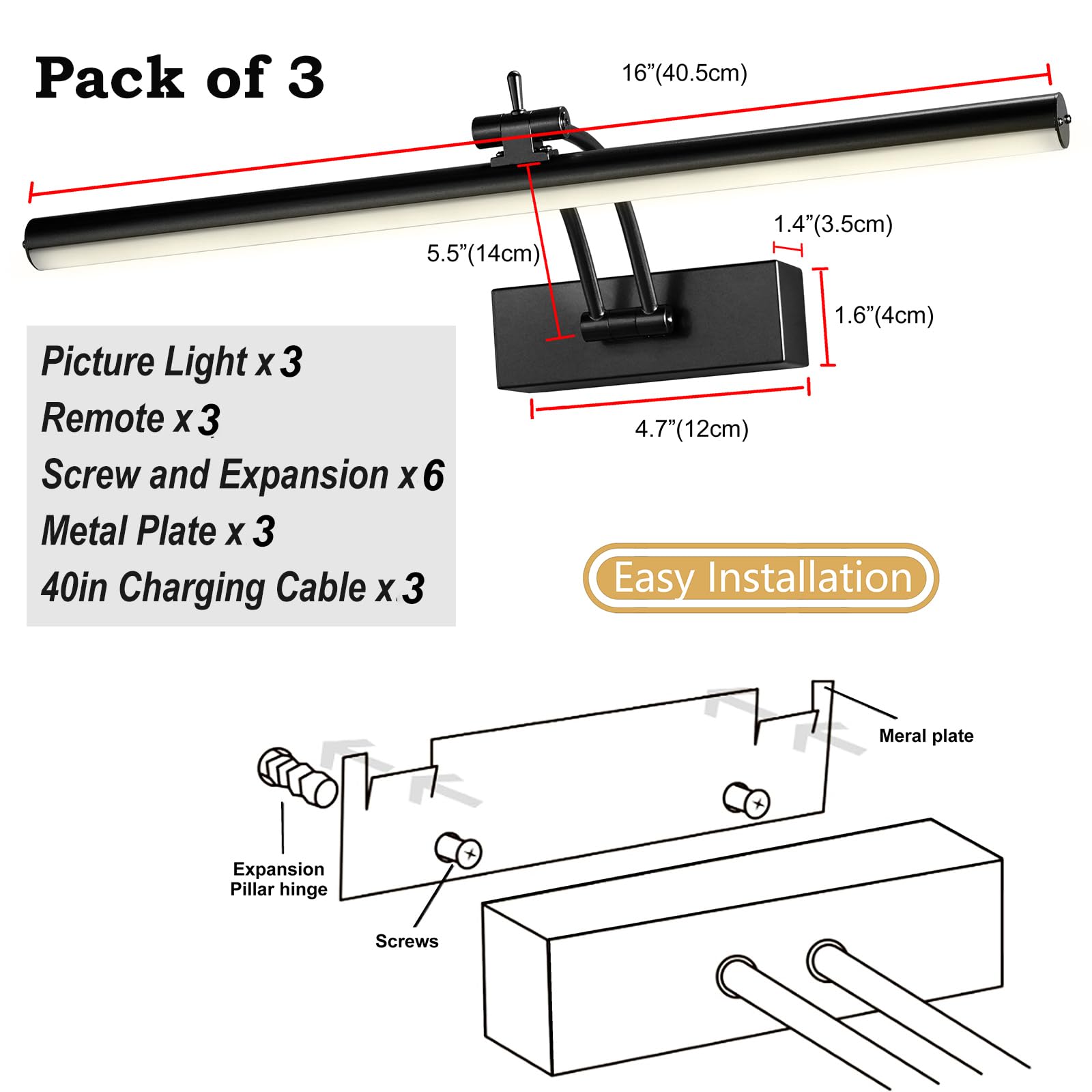Yuichoy Wireless Picture Lights - 16" Battery Operated Art Lighting, Warm White, Dimmable, 6 Colors, Remote, Model Yun08-HS-3p