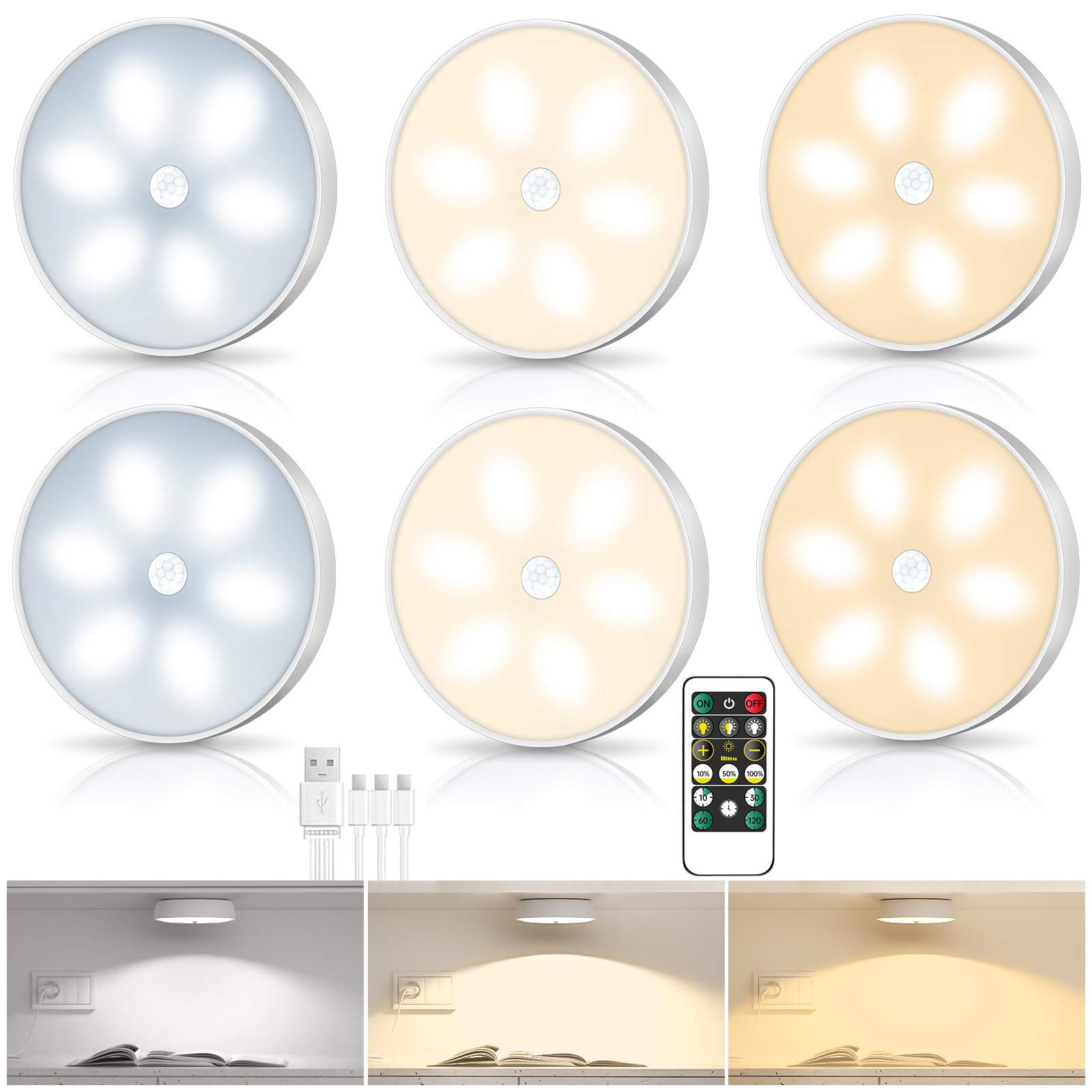 3 Colors Temperatures LED Closet Lights Wireless Motion Sensor Puck Lights Compatible with Charging Station, USB Rechargeable Ba