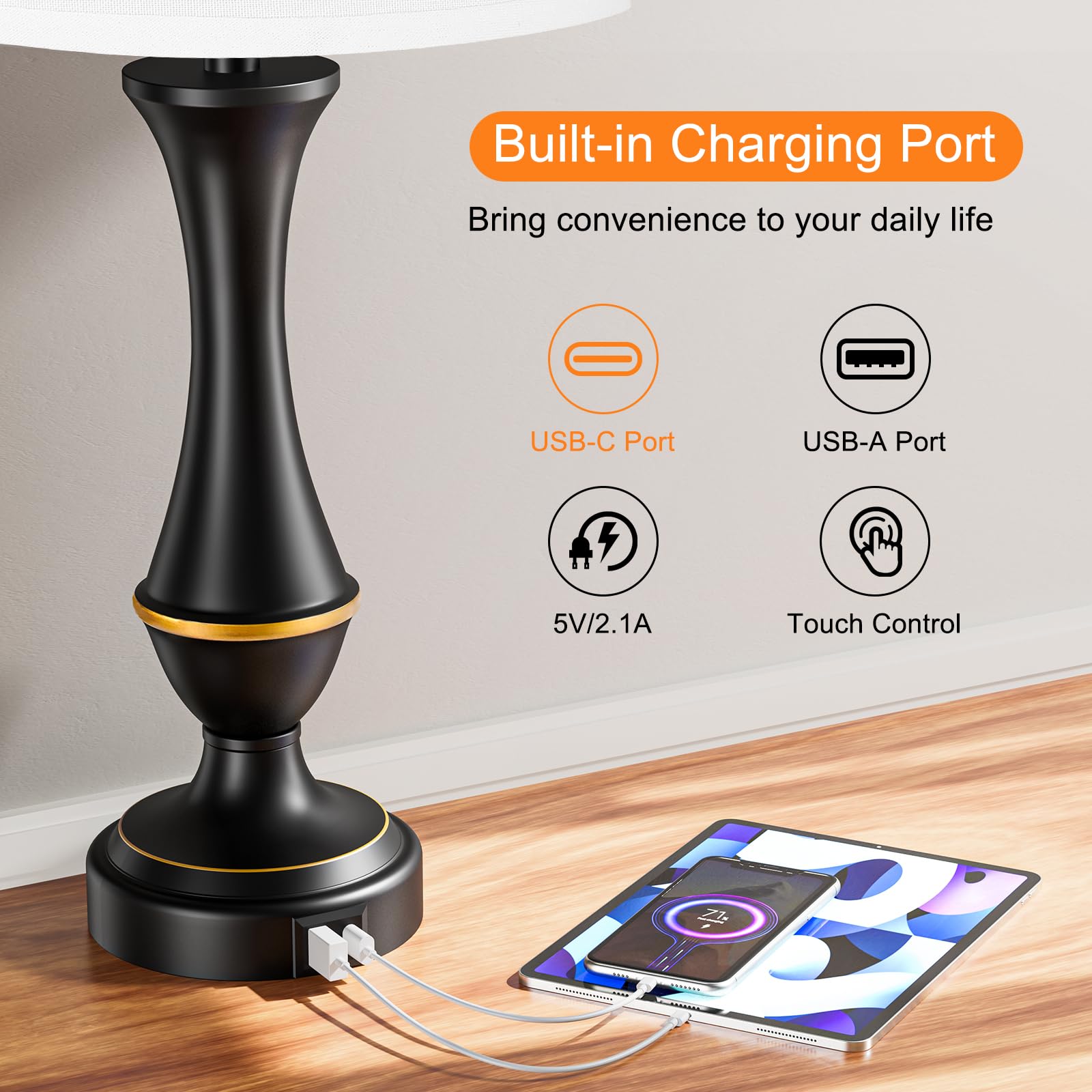 Seealle Upgraded Touch Lamps Set of 2 - 3 Way Dimmable, USB C+A, White Shade & Black Base for Bedrooms, Living Room, Office