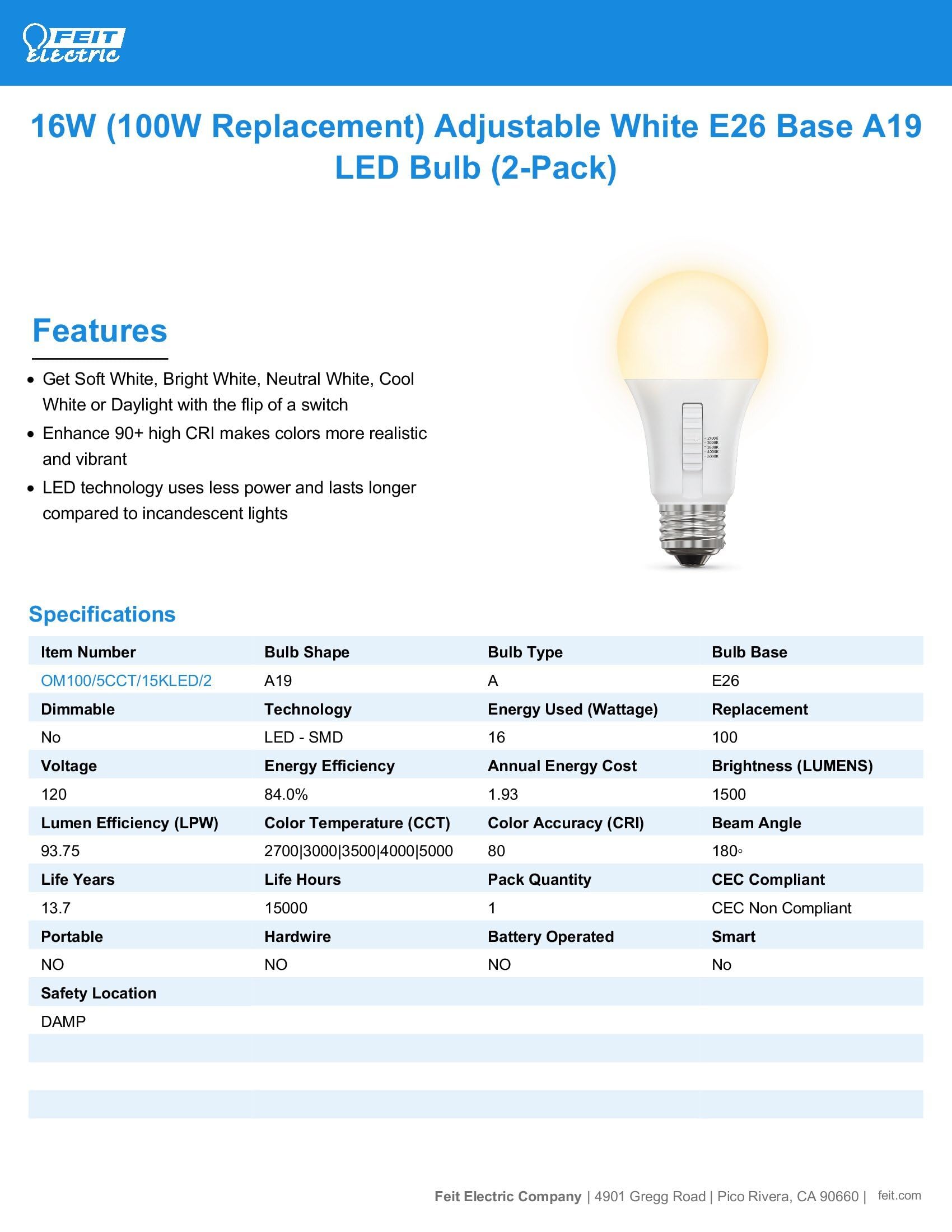 Feit Electric A19 Led Light Bulb, 100W Equivalent, Non-Dimmable, 5Cct, E26 Medium Base, 90 Cri, 1500 Lumens, Adjustable White, 1