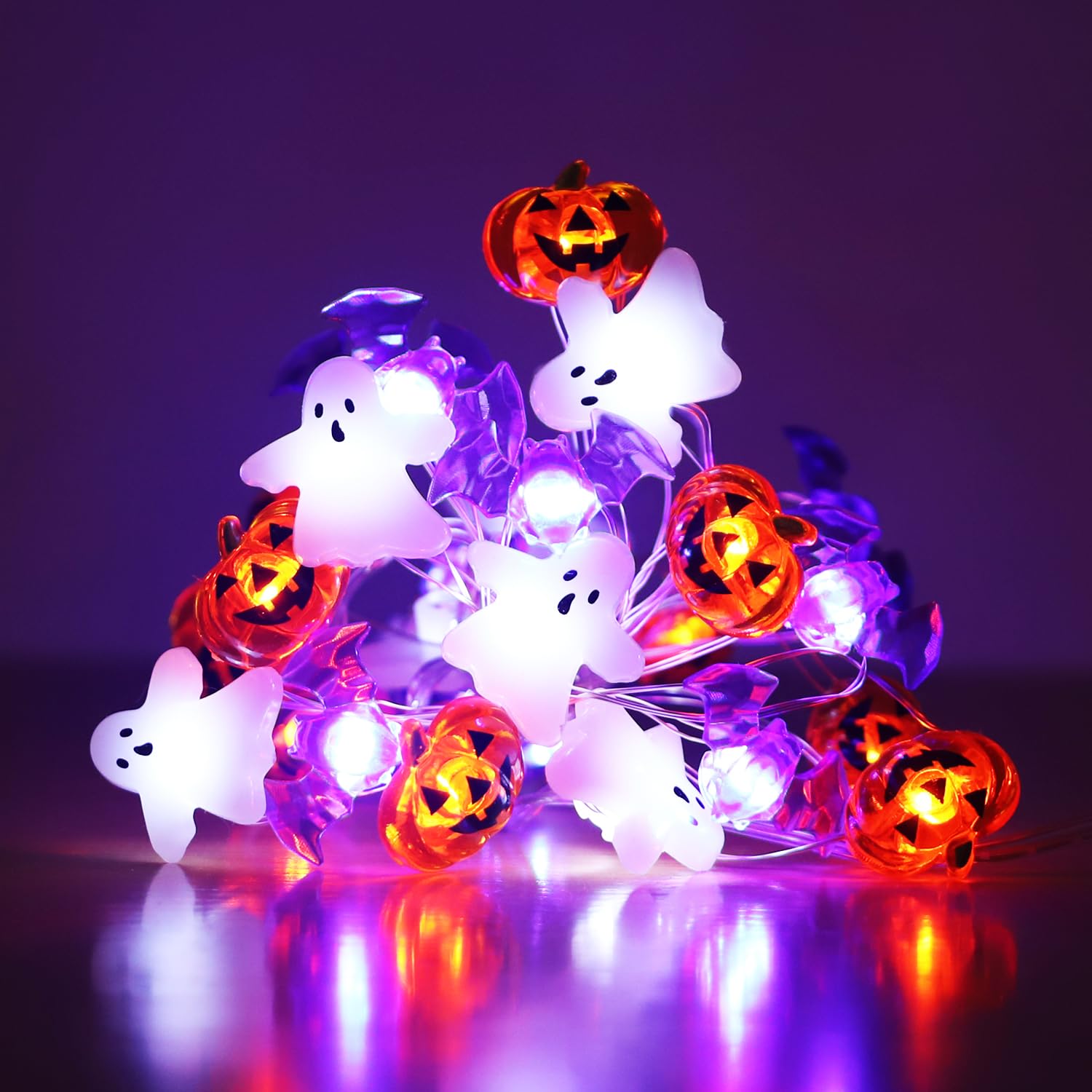 Halloween Lights White Ghost Purple Bat Orange Pumpkin, 30 LED Copper String Lights with Remote Control Battery Operated Fairy L