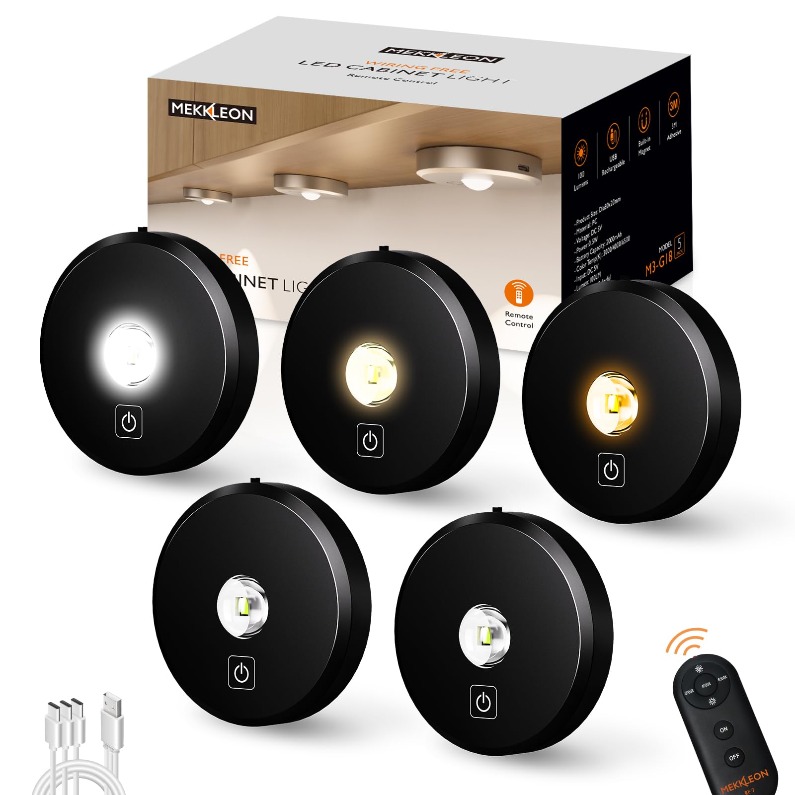 Puck Lights Cordless With Remote Control  2200Mah Rechargeable Under Counter Lighting 3 Color Temperatures Dimmable Under Cabinet Closet Light Tap Light For Hallway (Black  5Pcs)