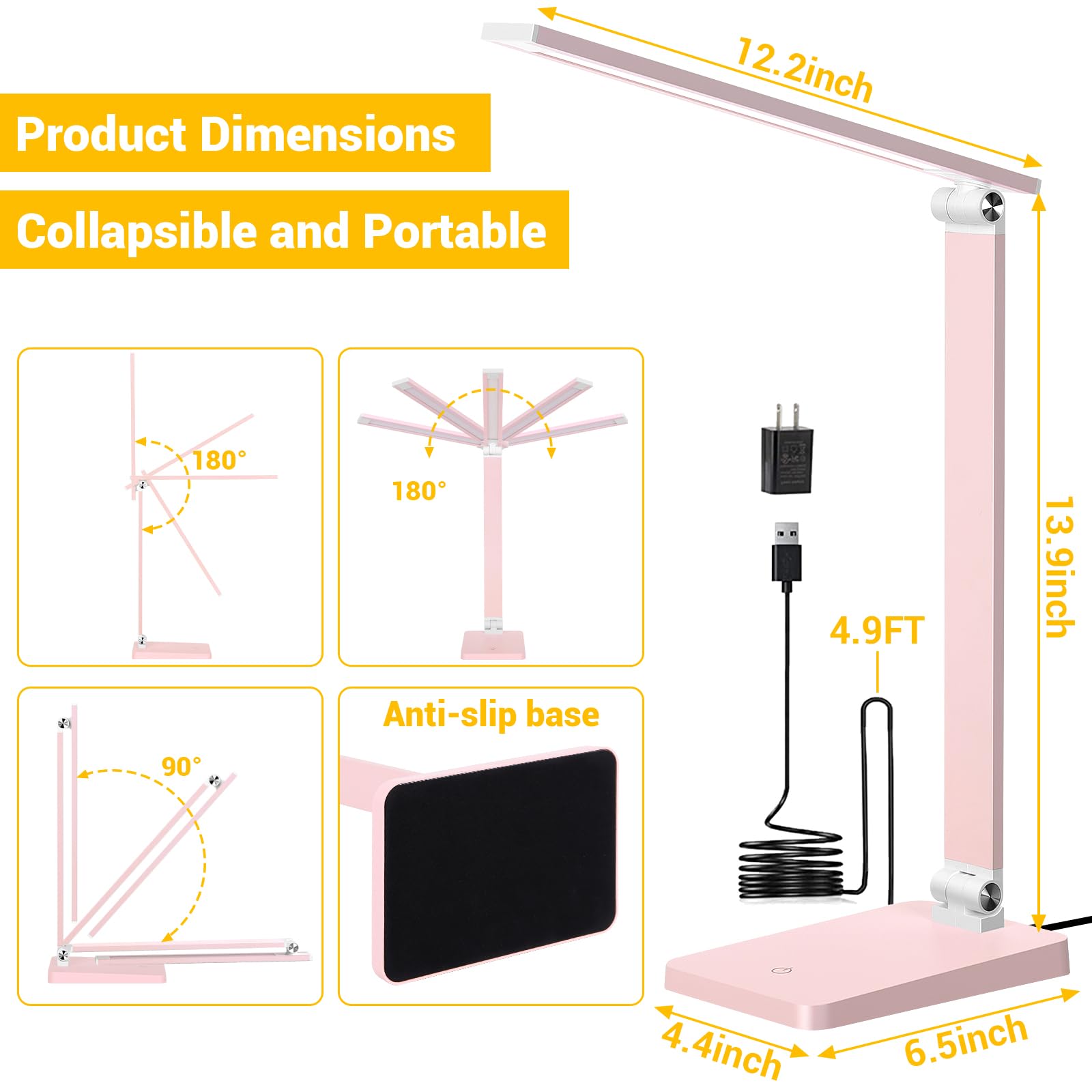 Led Desk Lamp For Home Office, 3 Levels Dimmable Reading Desk Light With Usb Charging Port, Desk Accessories Touch Control Table