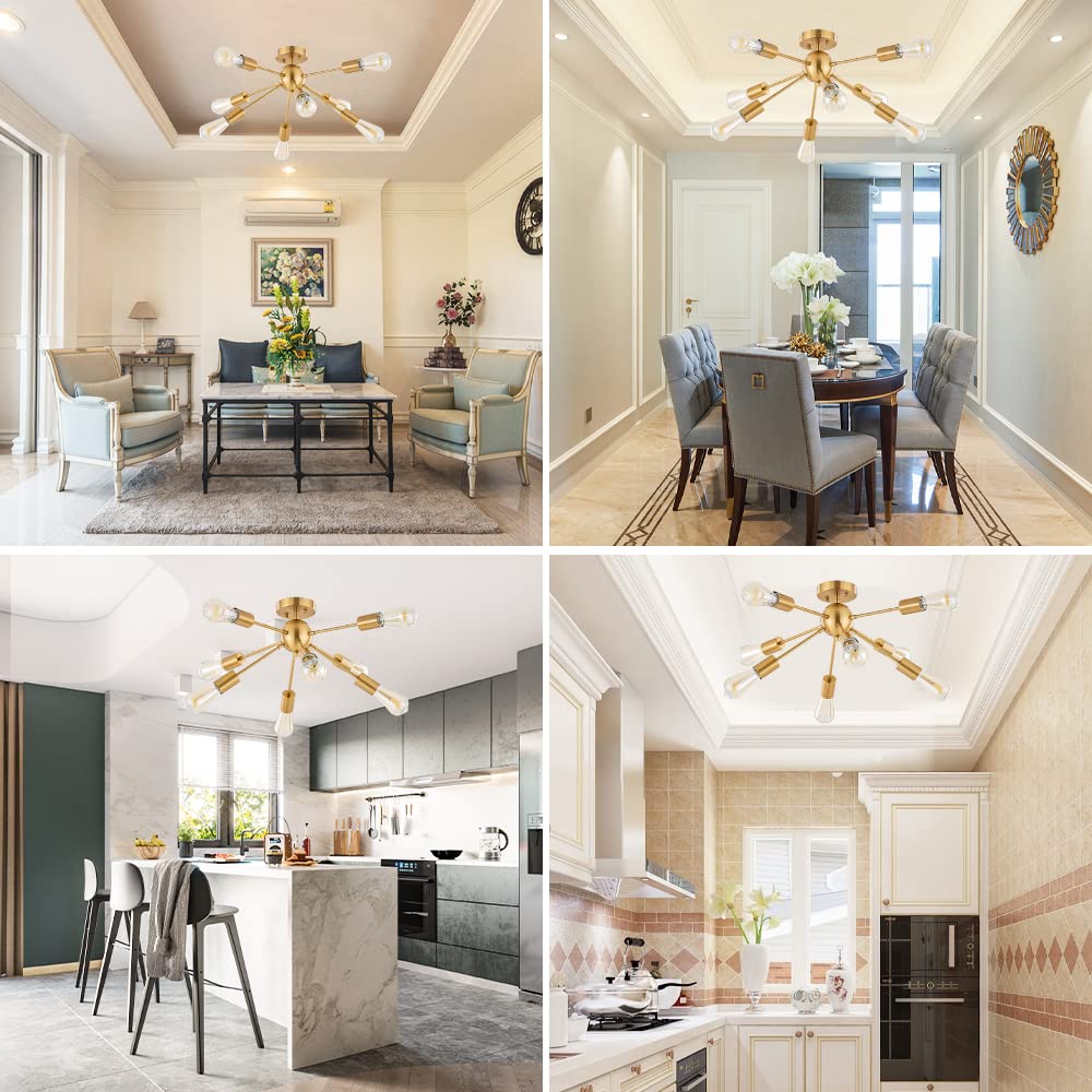 BONLICHT Sputnik Ceiling Light Modern Chandelier 8 Light Brushed Brass Semi Flush Mount for Kitchen Dining Room Bedroom