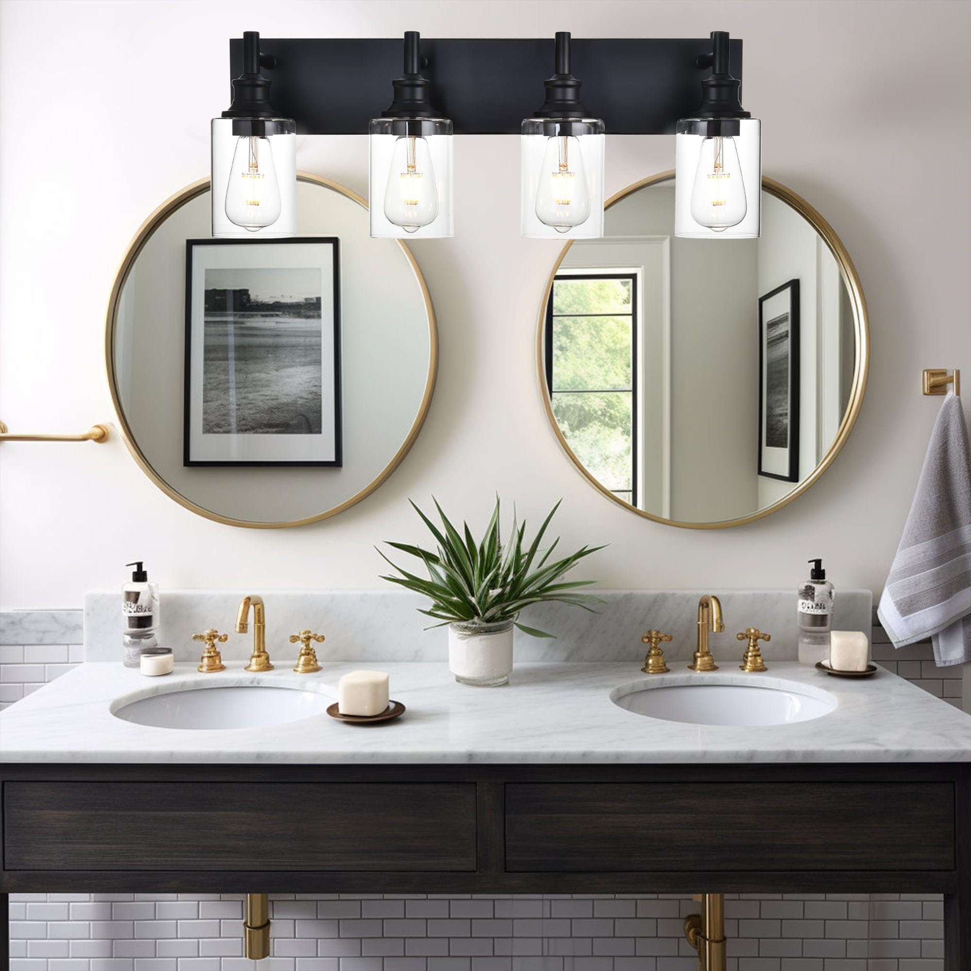 Wanluce 4 Light Bathroom Vanity Lights, Black Iron Fixture with Clear Glass Shades, Model 16-16111-4W-BL