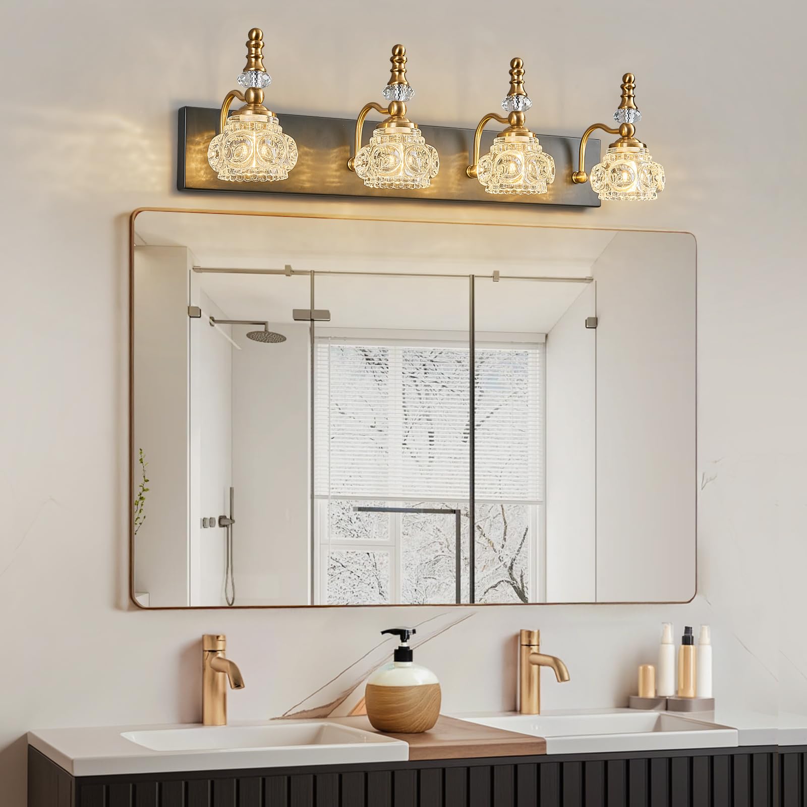 LBSQJ 4-Light Bathroom Vanity Light Fixture, Modern Glass Crystal, Black Gold, Model 493, Over Mirror Lighting